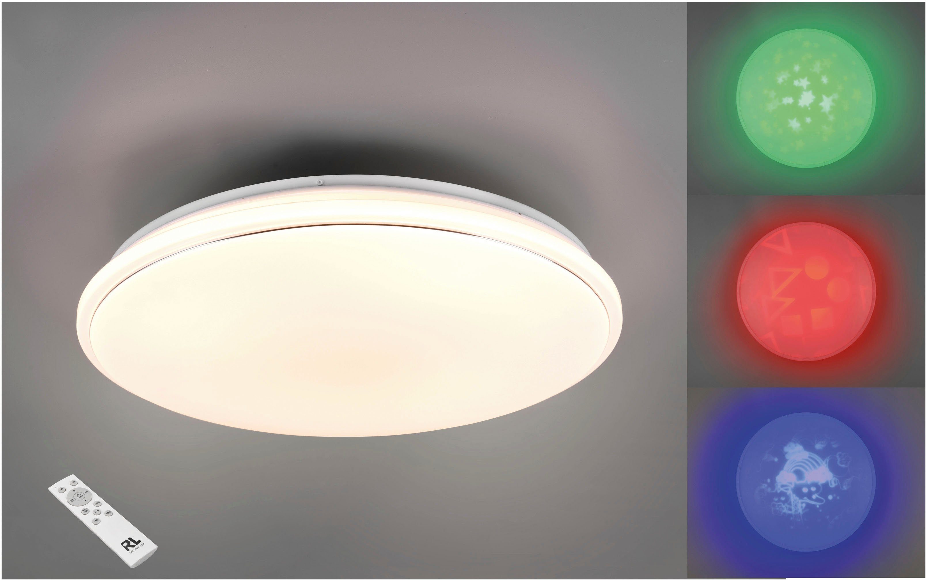 TRIO Leuchten LED Deckenleuchte TILION, Dimmfunktion, Farbwechsel, LED fest  integriert, RGB, Warmweiß, wechselbare Motiv-Effekte, RGB-Farbwechsel,  Fernbedienung, dimmbar