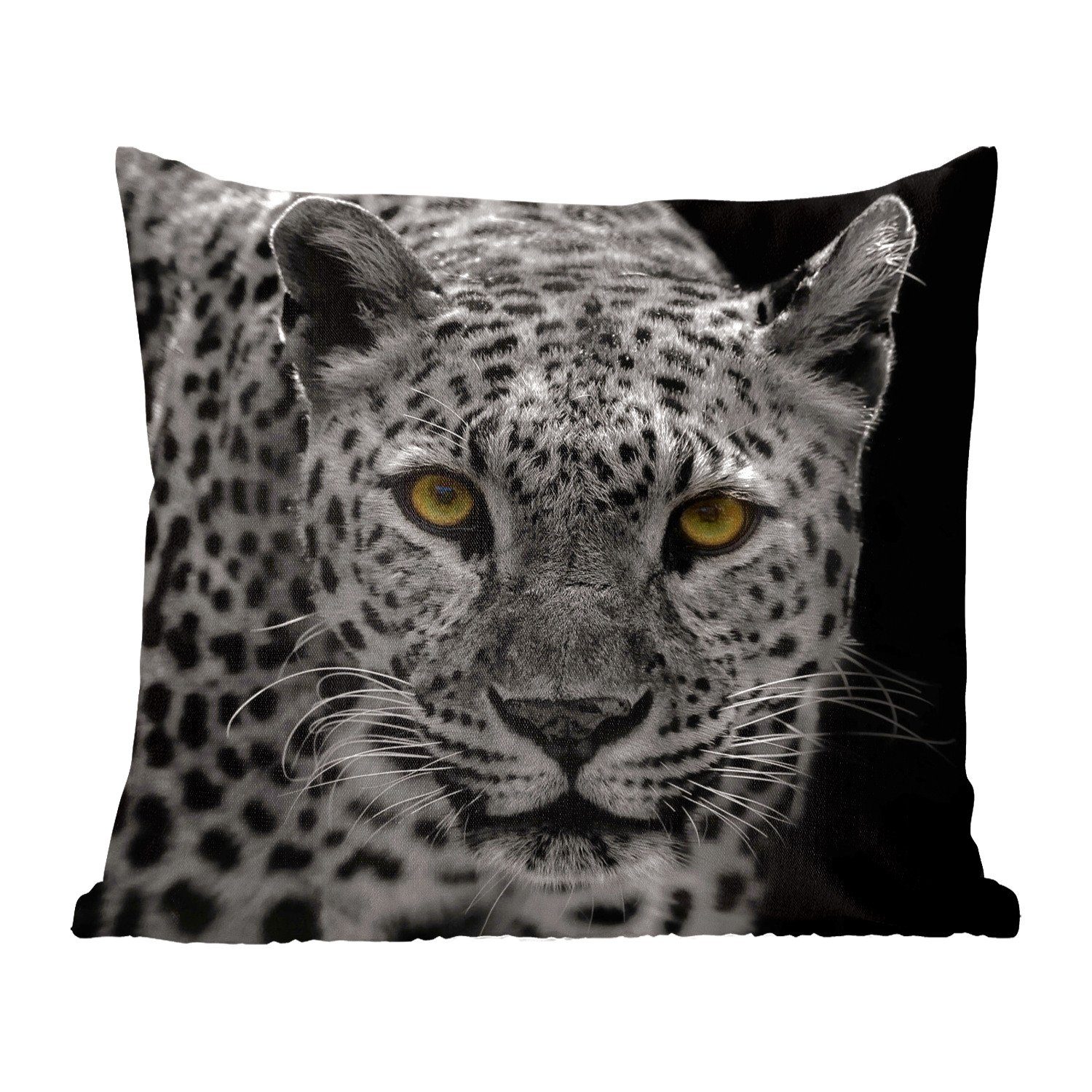 MuchoWow Dekokissen Schwarz-Weiß-Foto eines farbigen Leoparden, Zierkissen mit Füllung für Wohzimmer, Schlafzimmer, Deko, Sofakissen