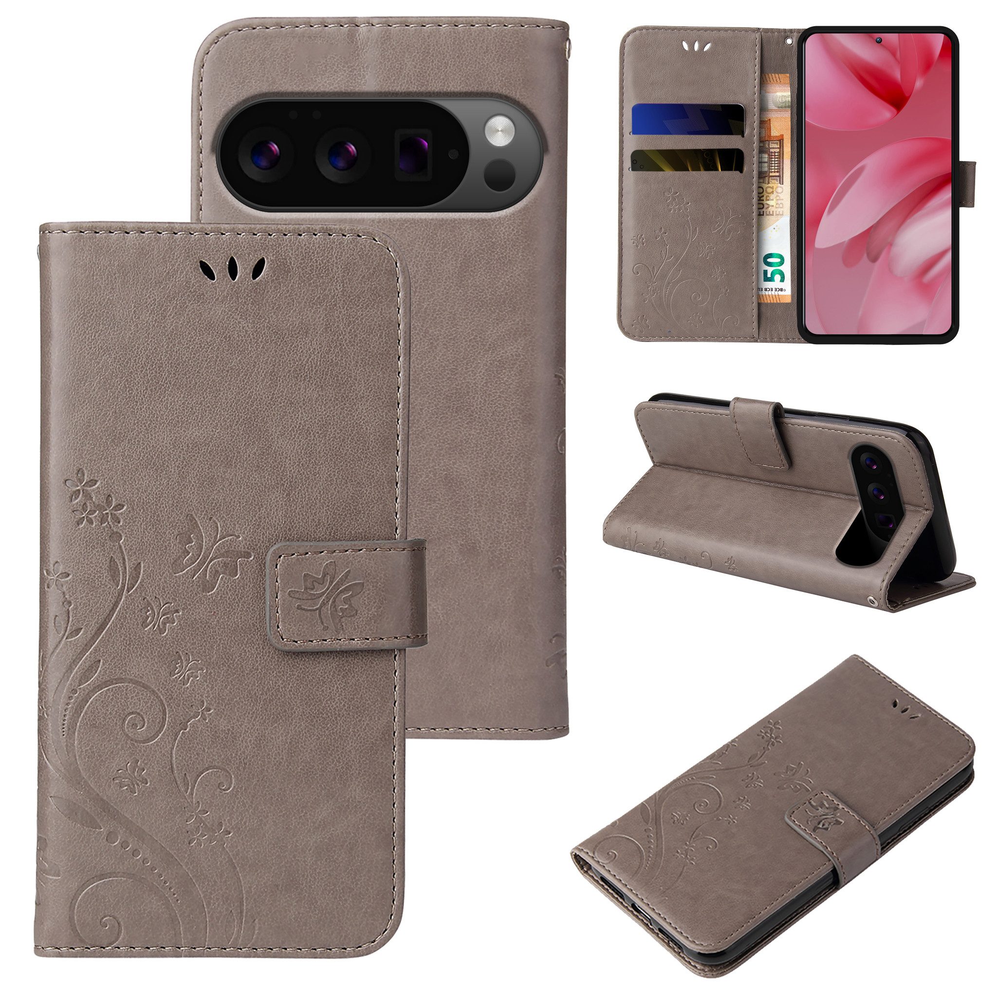 Tec-Expert Handyhülle Cover Tasche Hülle für Google Pixel 10 Pro 6.3 Zoll, 6.3", Klapphülle Case mit Kartenfach Fliphülle aufstellbar, Motiv Blumen