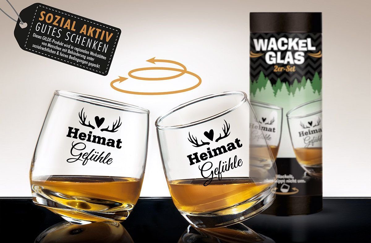Dekoobjekt 2er Set Wackelglas 'Heimatgefühle' Geweih Hirsch - Geschenkartikel für