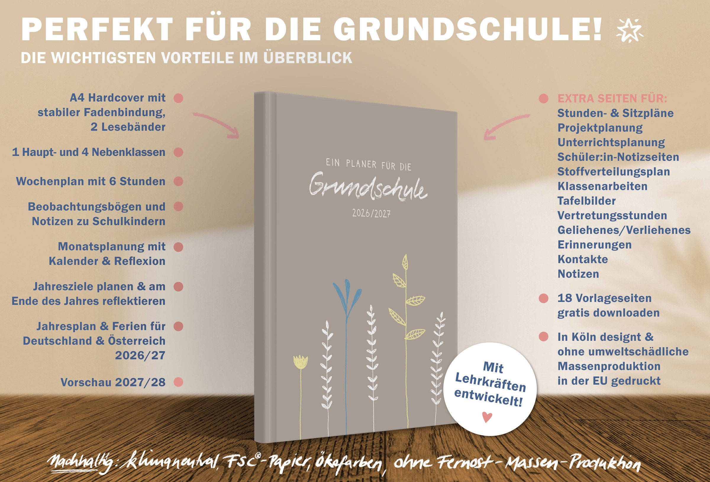 Eine der Guten Verlag Lehrerkalender Grundschulplaner 2026 2027 - A4, greige, 1 Doppelseite / Woche, Schuljahr 26/27, 216 S. Hardcover, klimaneutral
