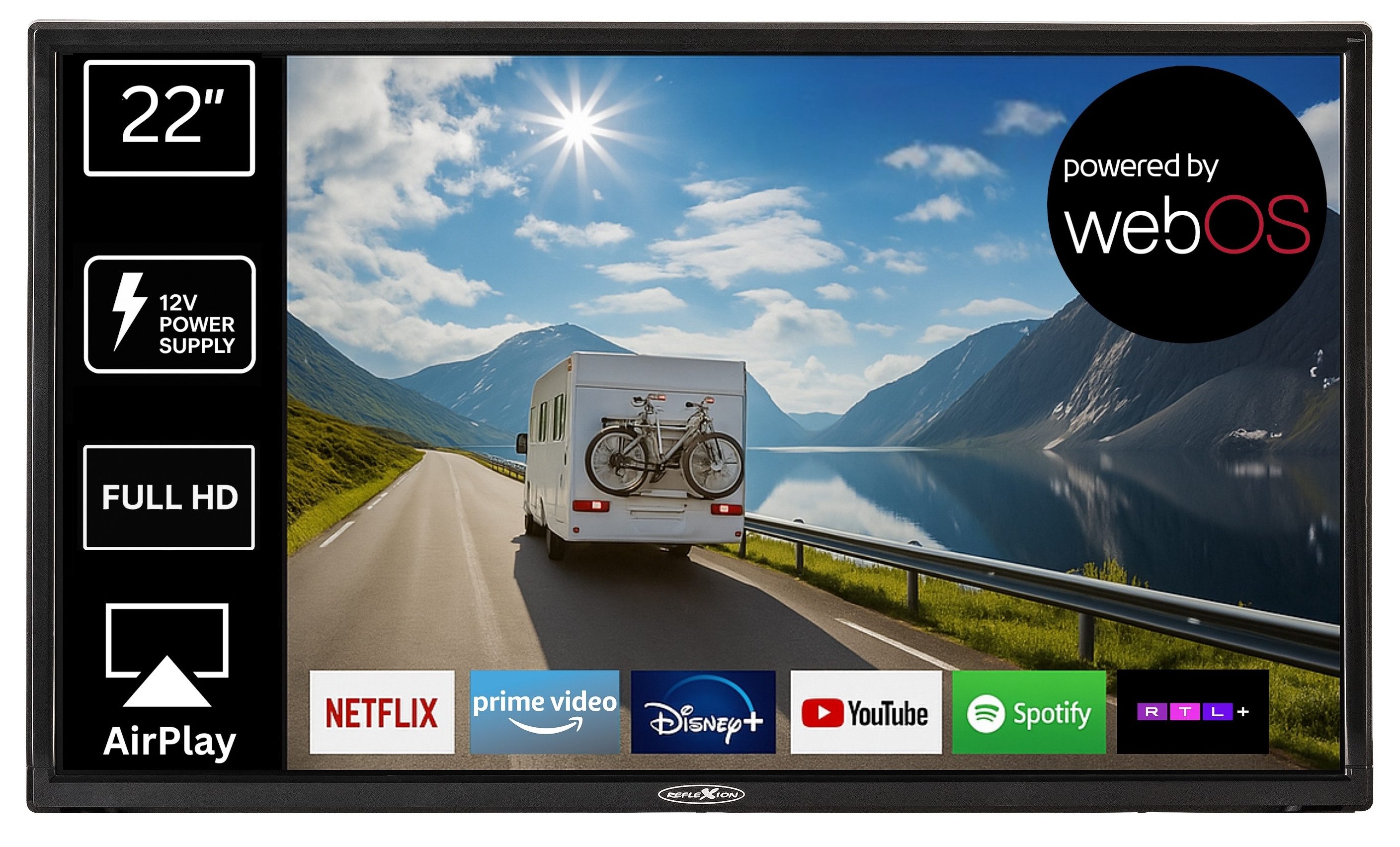 Reflexion LED22IBT LED-Fernseher (55,00 cm/22 Zoll, Full HD, Smart-TV, powered by webOS Hub (LG), DC IN 12 Volt, Netzteil 230 Volt, DVB-T2HD/S2/C, Bluetooth, WLAN)