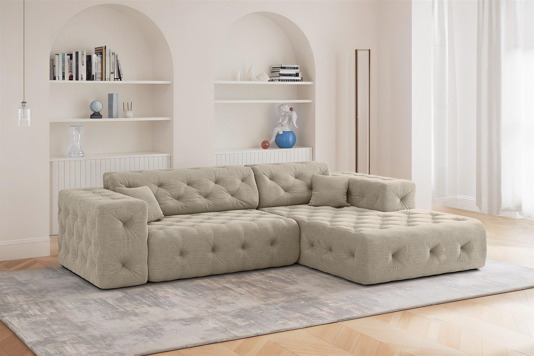 Fun Möbel Ecksofa Designersofa CHANTAL mit Ottomane in Stoff Moly, inkl. 2 Zierkissen, Ottomane Links oder Rechts