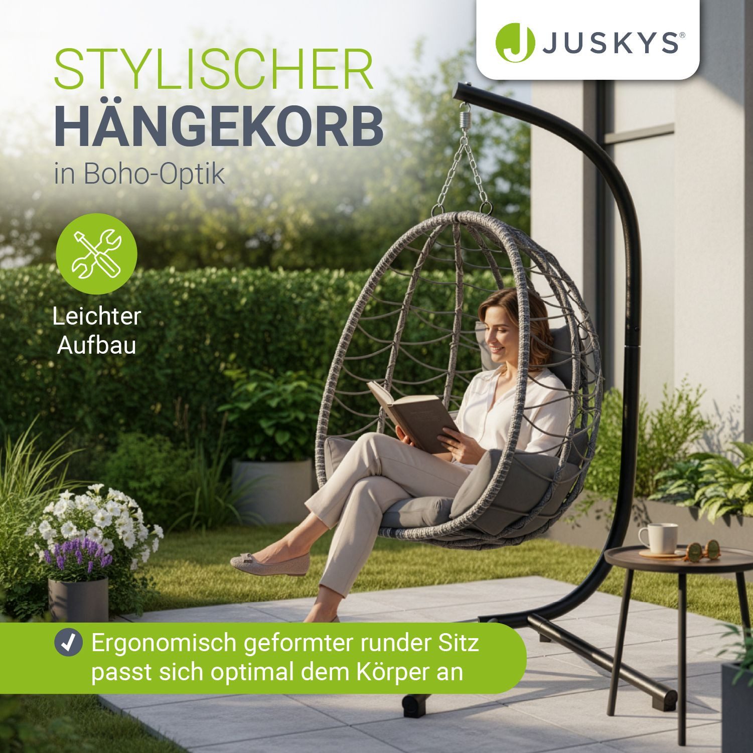 Juskys Hängesessel Aria, im Boho Stil, große Sitzfläche, mit Gestell, höhenverstellbar