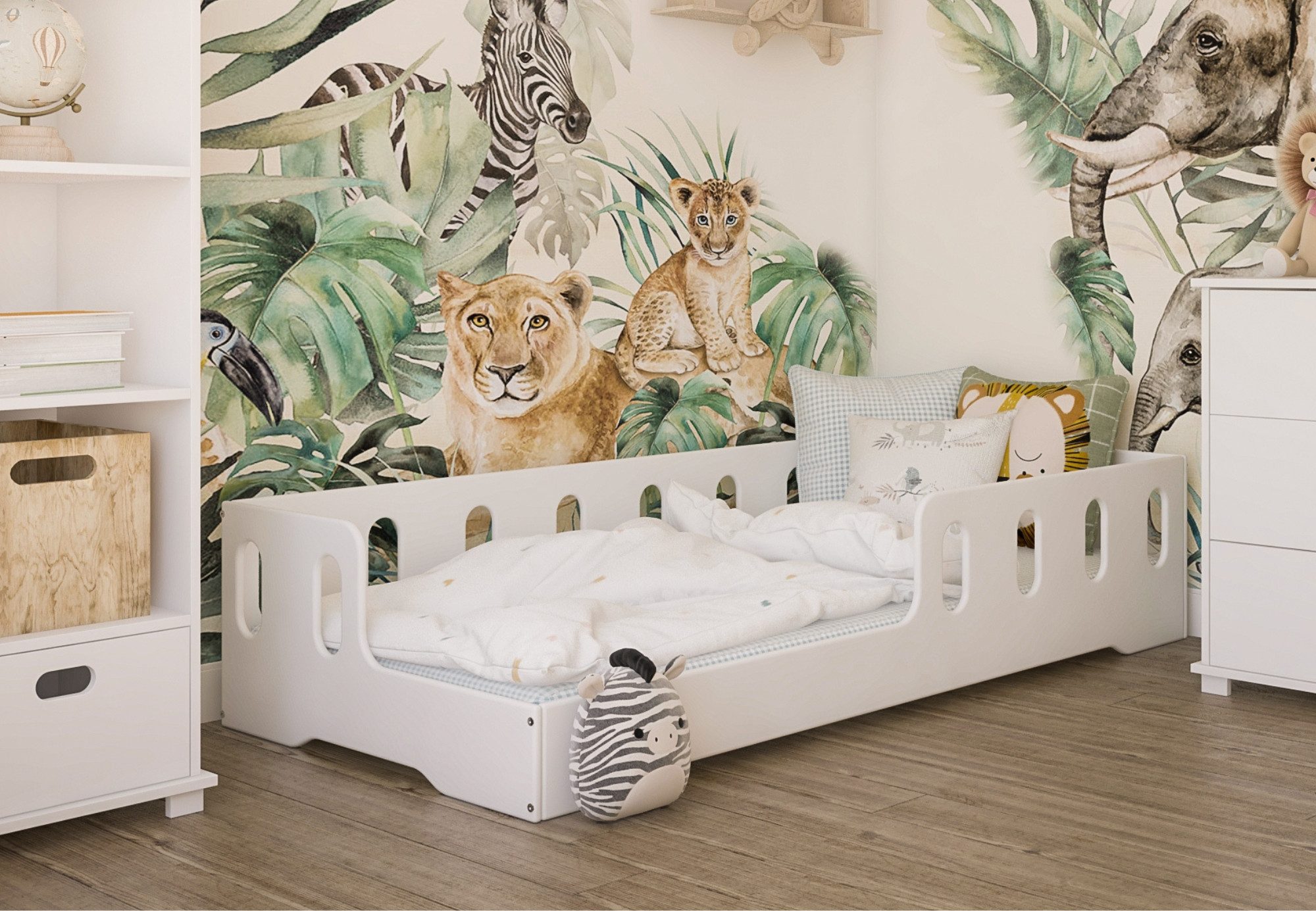 Kinderbett 90x200 140x200 cm Bodenbett mit Rausfallschutz und Lattenrost