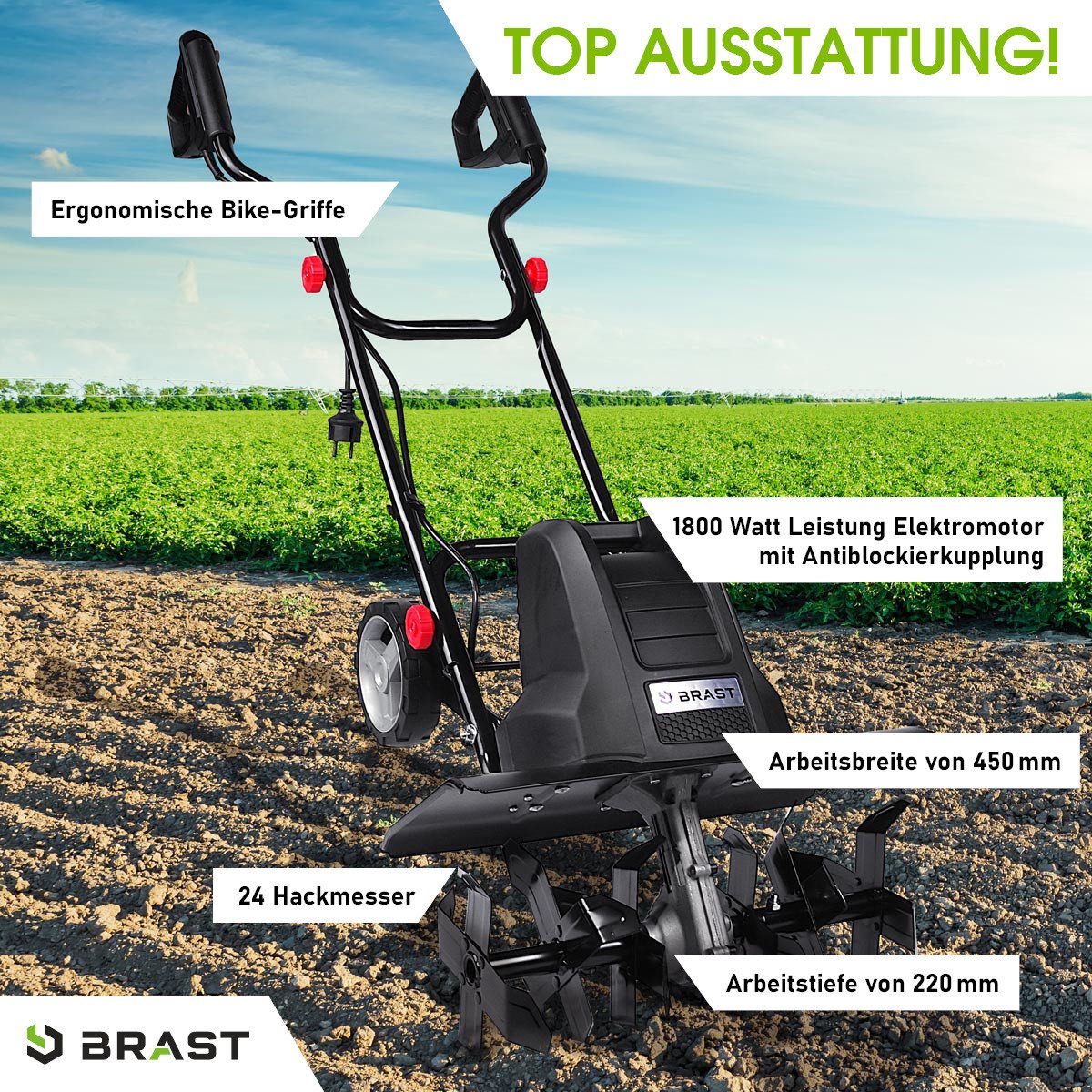 BRAST Elektromotorhacke Gartenfräse Kultivator Ackerfräse 1200-1800 Watt 36-45cm Arbeitsbreite, 45 cm Arbeitsbreite, viele Modelle für kleine bis sehr große Rasenflächen, Elektro Motorhacke elektrische Motorhacke