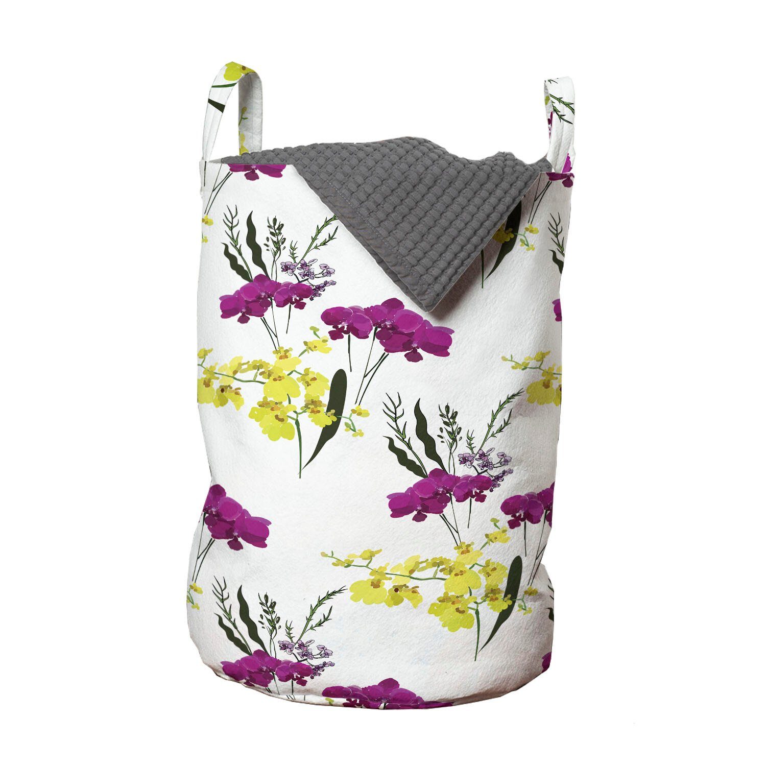 Abakuhaus Wäschesäckchen Wäschekorb mit Griffen Kordelzugverschluss für Waschsalons, Blumen Gelb und lila Orchideen