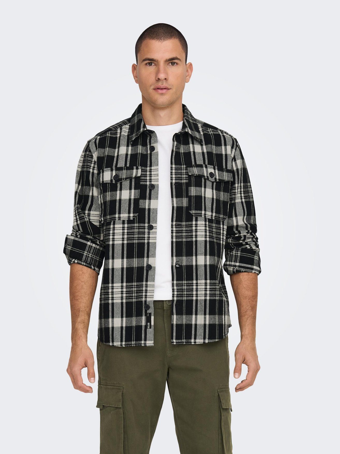 ONLY & SONS Langarmhemd Shacket Hemd Kariertes Langarm Holzfäller Shirt ONSMILO 6284 in Schwarz-2