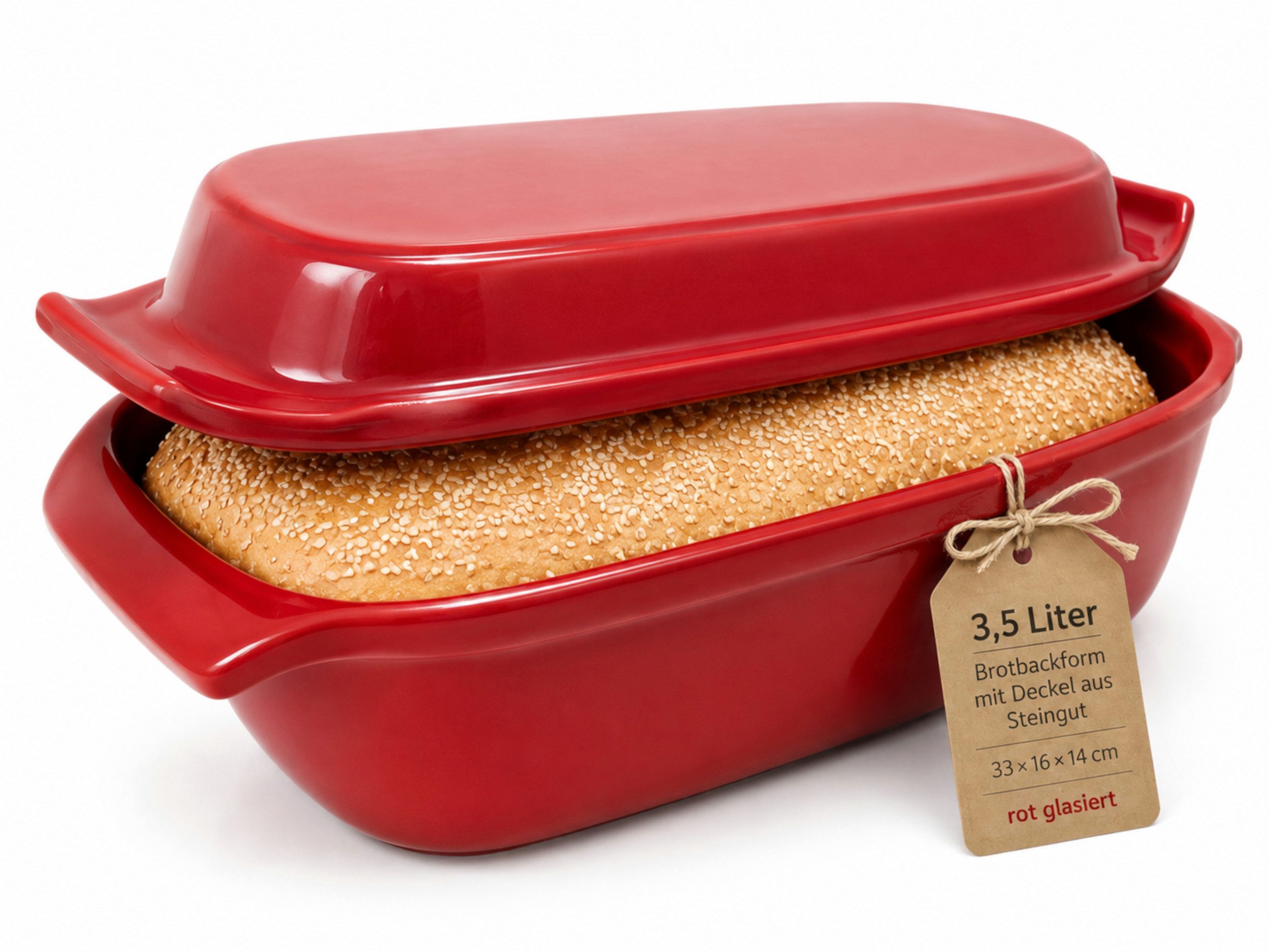 KERAZO Brotbackform 3,5L Keramik Bräter mit Deckel Brottopf Auflaufform 33x16x14cm, rot, Für knuspriges Brot und saftige Ofengerichte