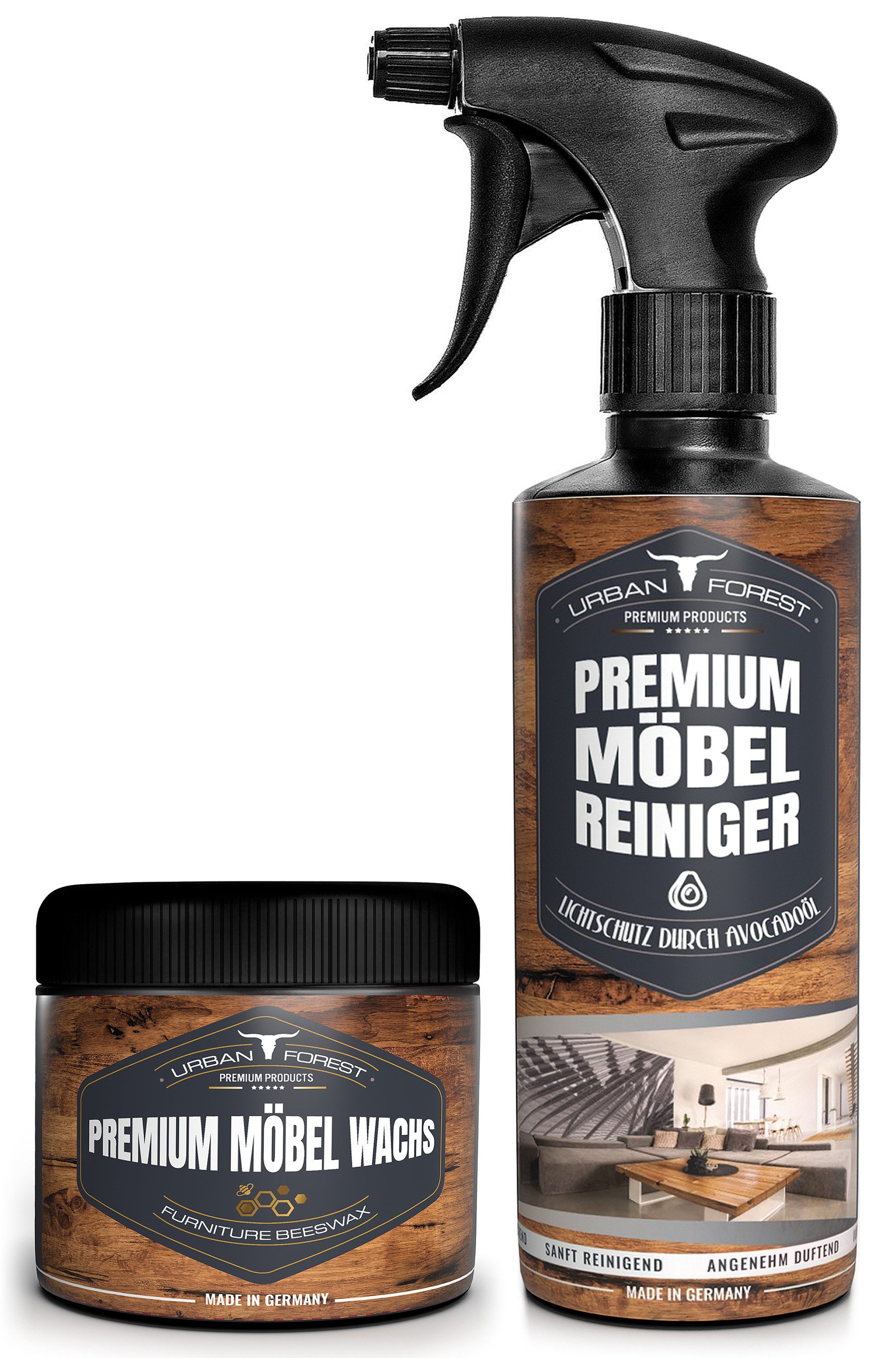 URBAN FOREST Holzreiniger, Möbelwachs, Möbelpflege 500ml + 250ml Holzreiniger (2-St. Möbelreiniger 500ml+ Möbelwachs 250ml Holz, Möbel)