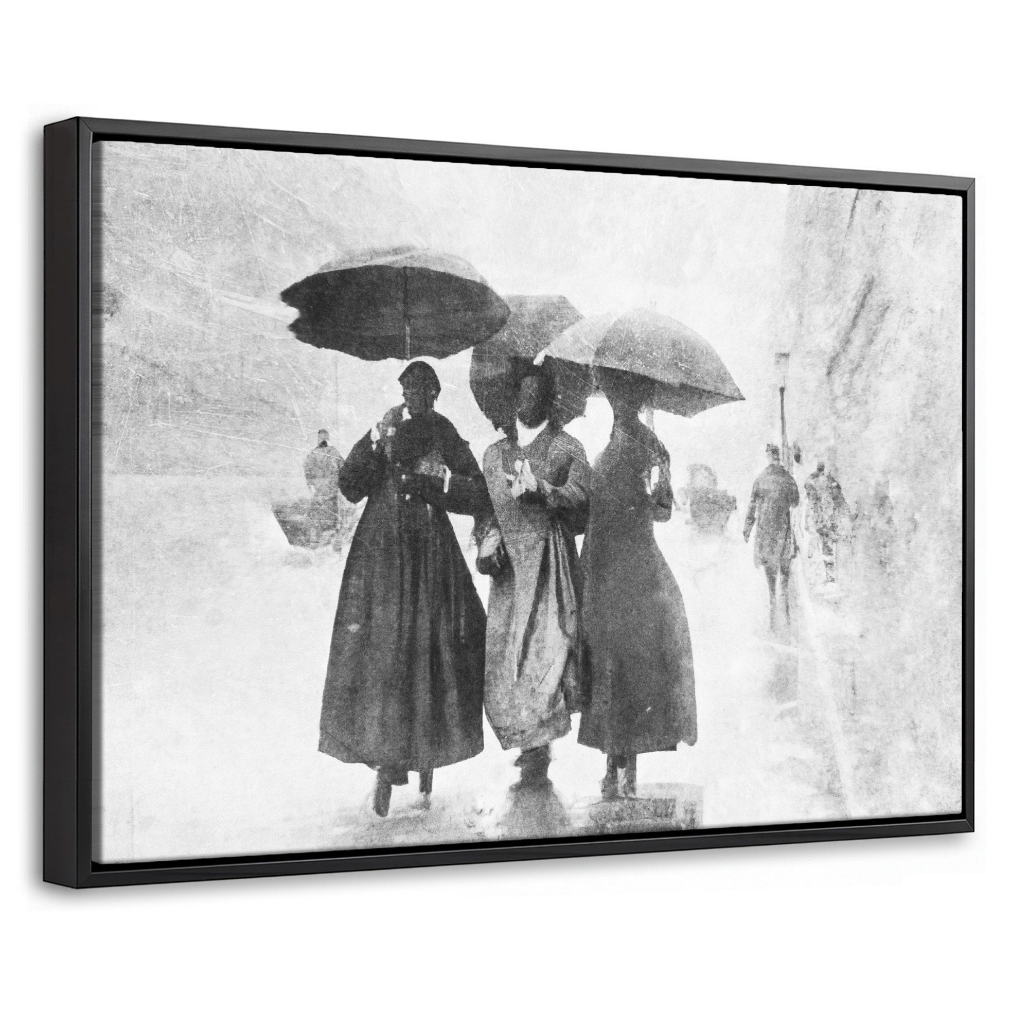 OneMillionCanvasses® Leinwandbild mit Rahmen - Frauen - Regenschirm - Schwarz und weiß - Straße, Fotodruck (1 St), Bilder, Zimmer Wand Bild Dekoration 30x20cm