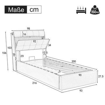 Flieks Polsterbett, Hydraulisches Stauraumbett Einzelbett 90x200cm Kunstleder
