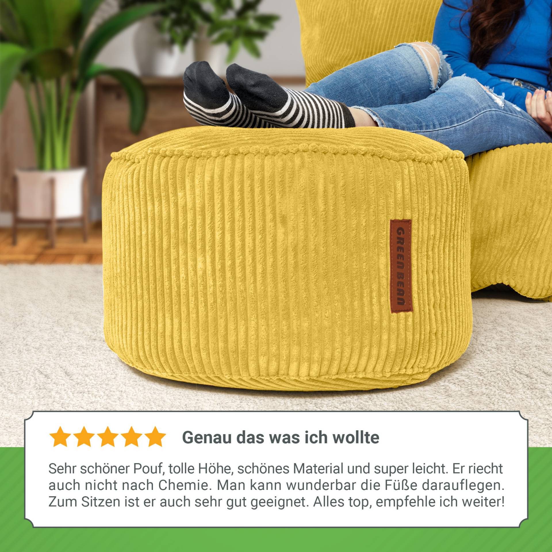 Green Bean Pouf Sitzsack-Hocker Pouf Cord 45x25cm (Indoor Sitzhocker Sitzkissen Fußhocker Relax-Sessel, Made in Germany), die ideale Ergänzung zum Sitzsack