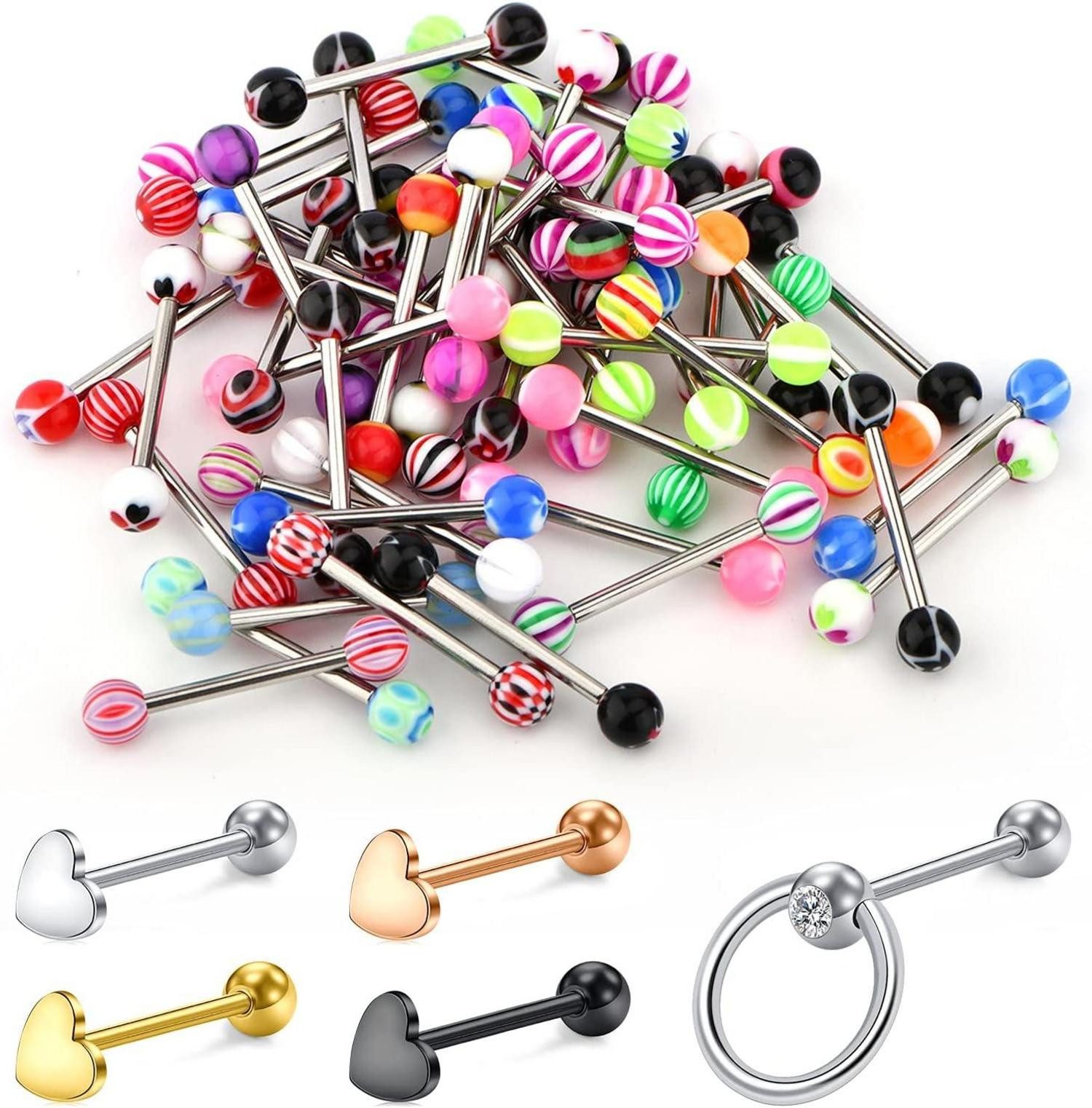 D.Bella Intimpiercing Zungenpiercing Set 55 Stk. Chirurgenstahl 14G 16mm Herz Blume