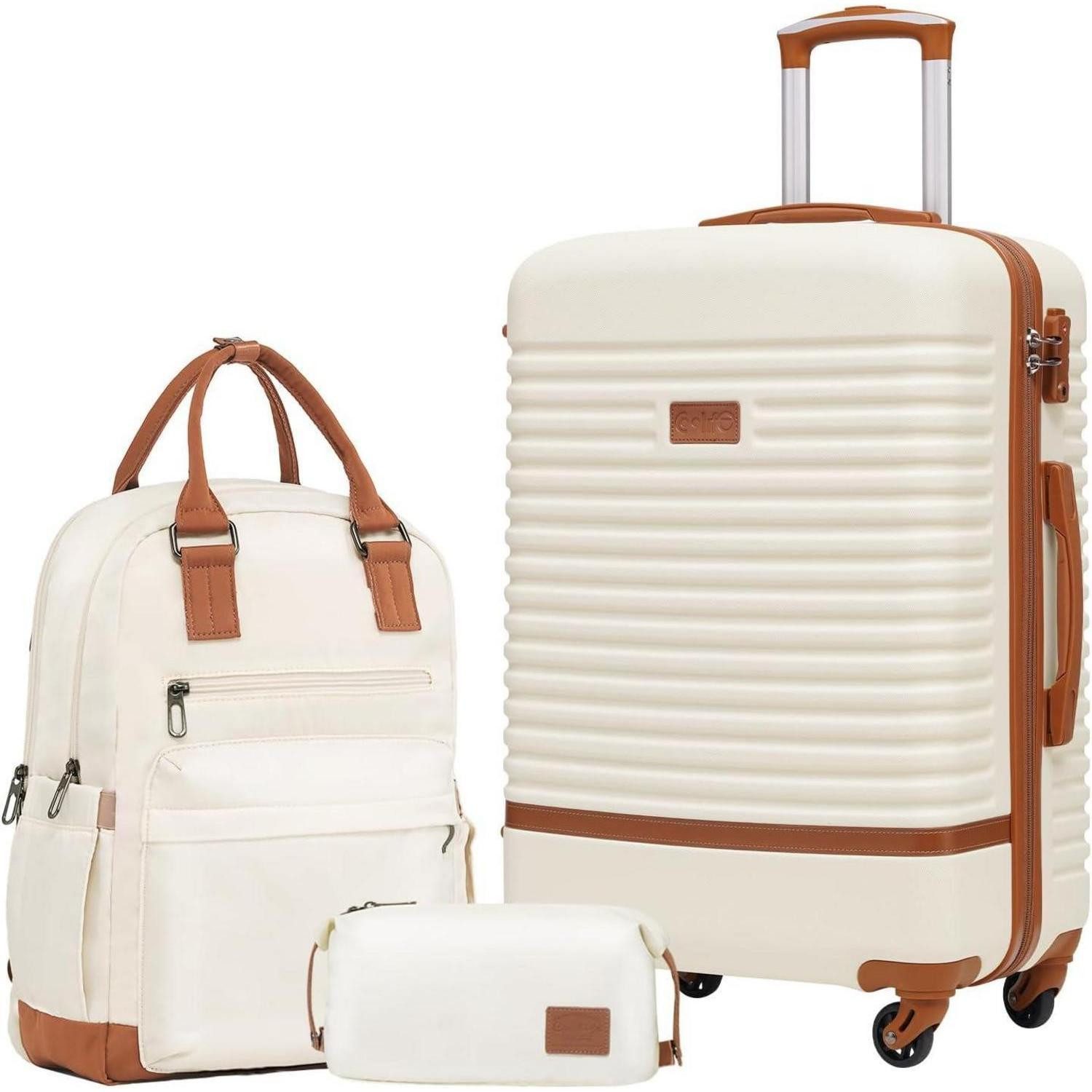 LuxusKollektion Kofferset ABS Hartschalen Trolley Koffer Set 3tlg Weiß/Braun