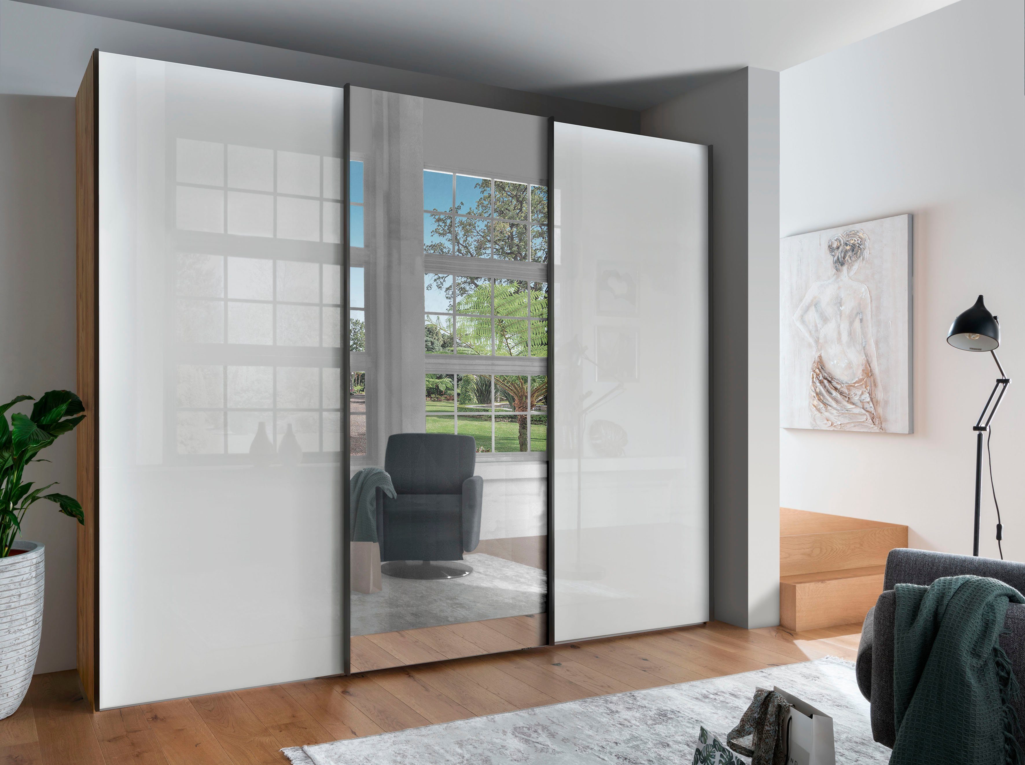 WIEMANN Schwebetürenschrank Monaco, Kleiderschrank, Schrank, Wäscheschrank, mit Schiebetüren (2 Breiten, 2 Höhen 216/236 cm auswählbar, MADE IN GERMANY) hochwertige Glas- und Spiegelfront, variable Inneneinteilung