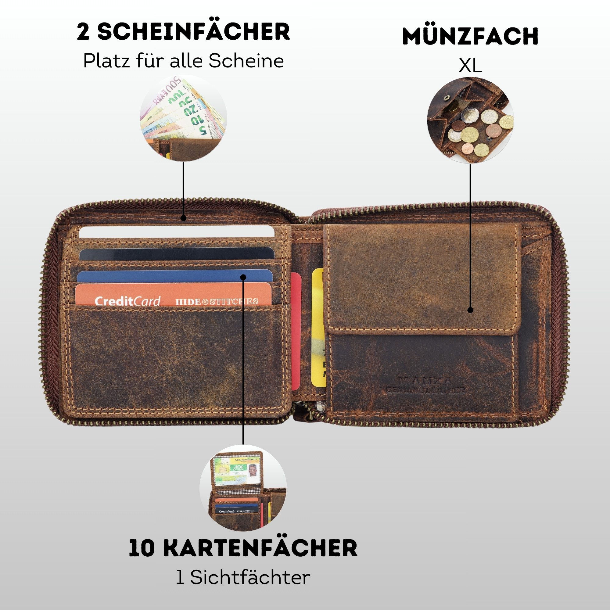 Manza Geldbörse Geldbörse Portemonnaie Echt Leder RFID - umlaufendem Reißverschluss, umlaufendem Reißverschluss, Hochwertiges Leder