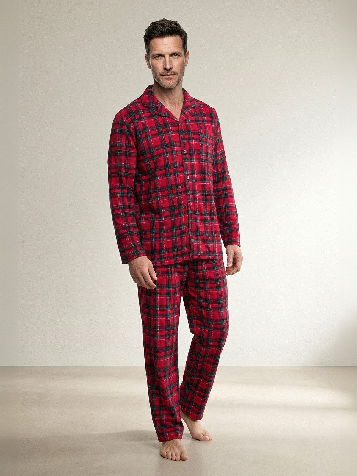 Henry Terre Pyjama Kent Langarm - Velour Karo Design Hemdkragen durchgeknöpft