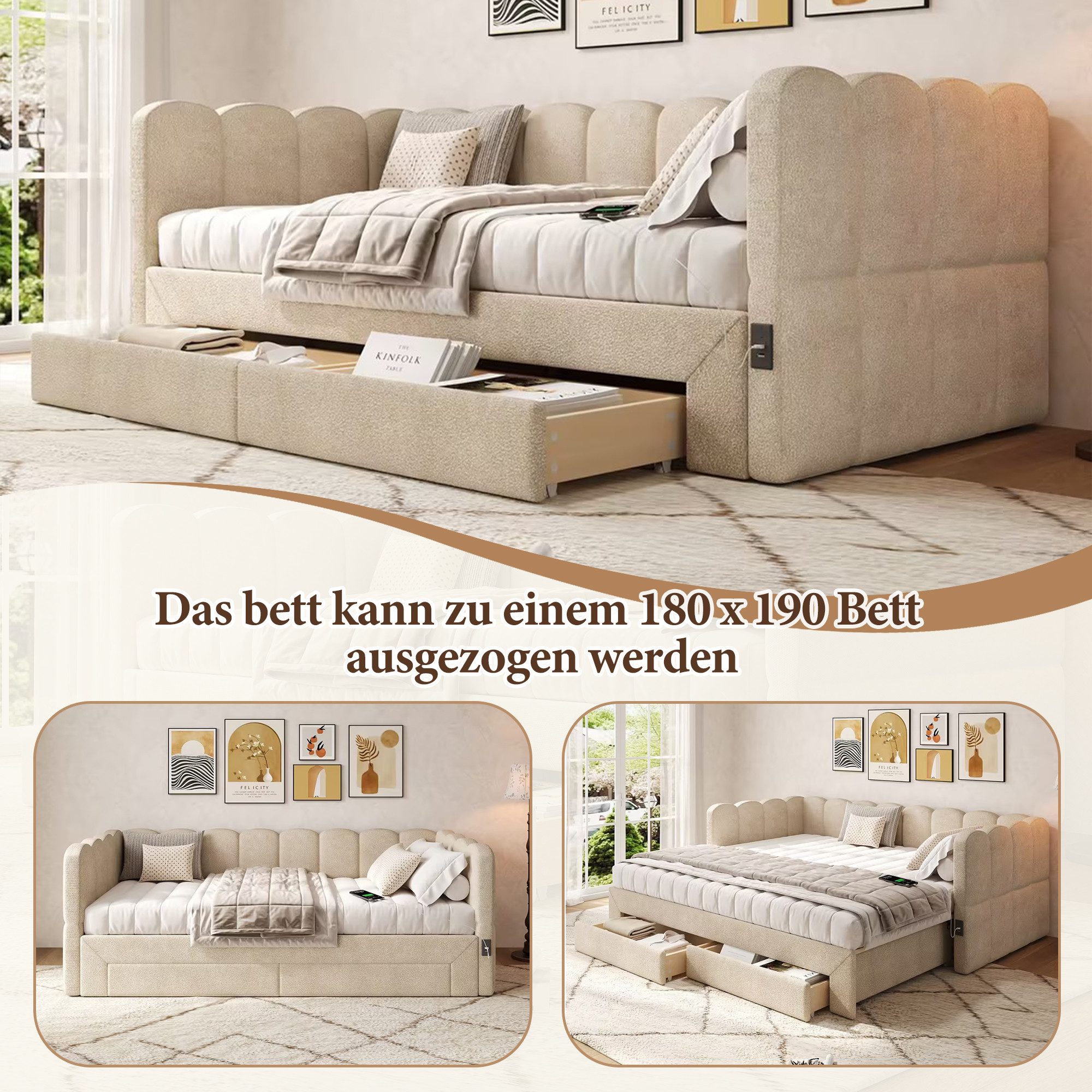 Flieks Daybett, Polsterbett Tagesbett 90/180x190cm mit Ausziehbett, 2 Schubladen, USB
