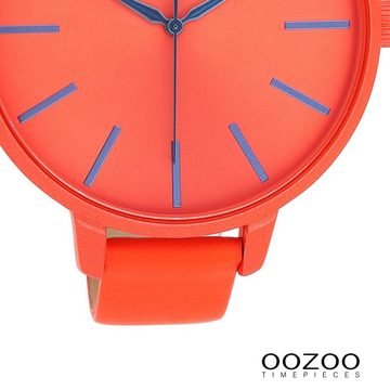 OOZOO Quarzuhr Oozoo Damen Armbanduhr Timepieces Analog, Damenuhr rund, extra groß (ca. 48mm), Lederarmband rot,orange, Fashion