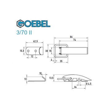 GOEBEL GmbH Kastenriegelschloss 5544513370, (100 x Spannverschluss 3 / 70 II schmales Kappenschloss, 100-tlg., Kistenverschluss - Kofferverschluss - Hebel Verschluss), gerader Grundtplatte inkl. Gegenhaken Edelstahl A2 (V2A)