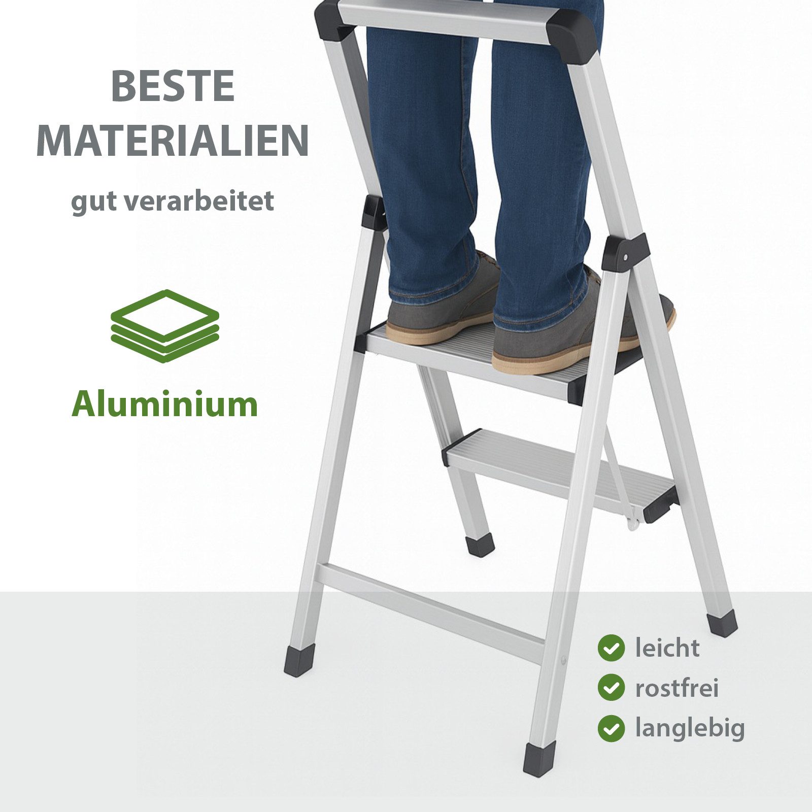 TRUTZHOLM Trittleiter Aluminium 2-stufig silber klappbar mit Handlauf bis 150 kg TÜV GS, Klappbar, platzsparend, leichtgewichtig – Bild 2 von 5