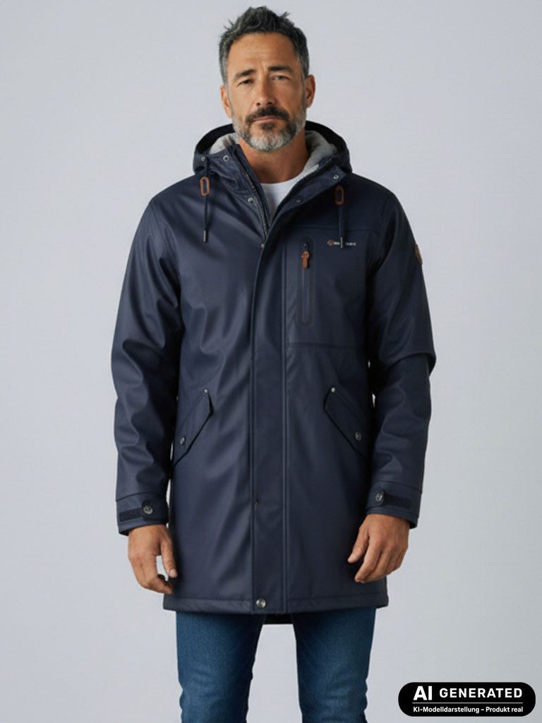 Dry Fashion Regenjacke Bergen Herren Regenmantel Fleece-Futter - Outdoor-Jacke Wasserdicht Parka Winddicht, Verschweißte Nähte, 2-Wege-Reißverschluss, Kapuze