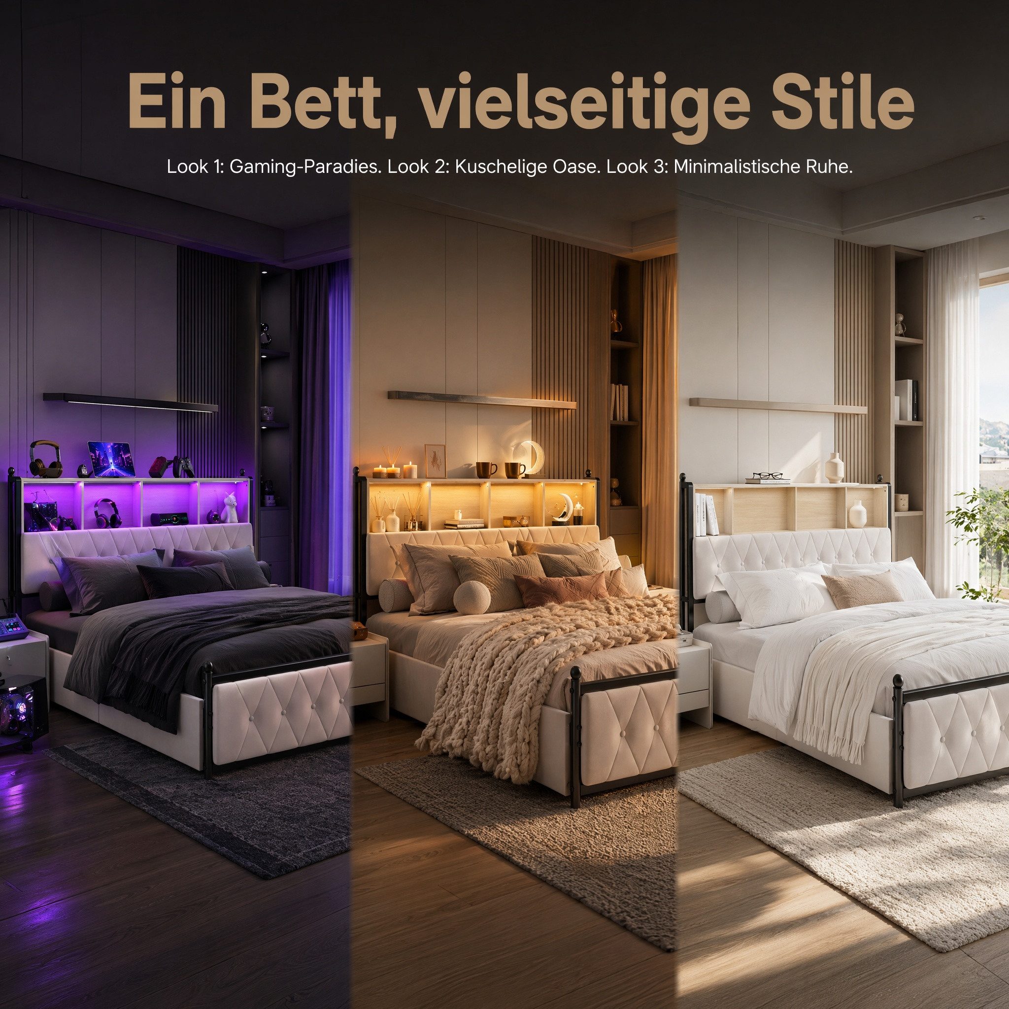 PXloue Polsterbett Doppelbett 180x200 mit LED Licht und Ladefunktion (Mit Lattenrost und Ladefunktion, Samtmaterial Stauraumbett), Modernes Jugendbett, mit Bett – Bild 2 von 5