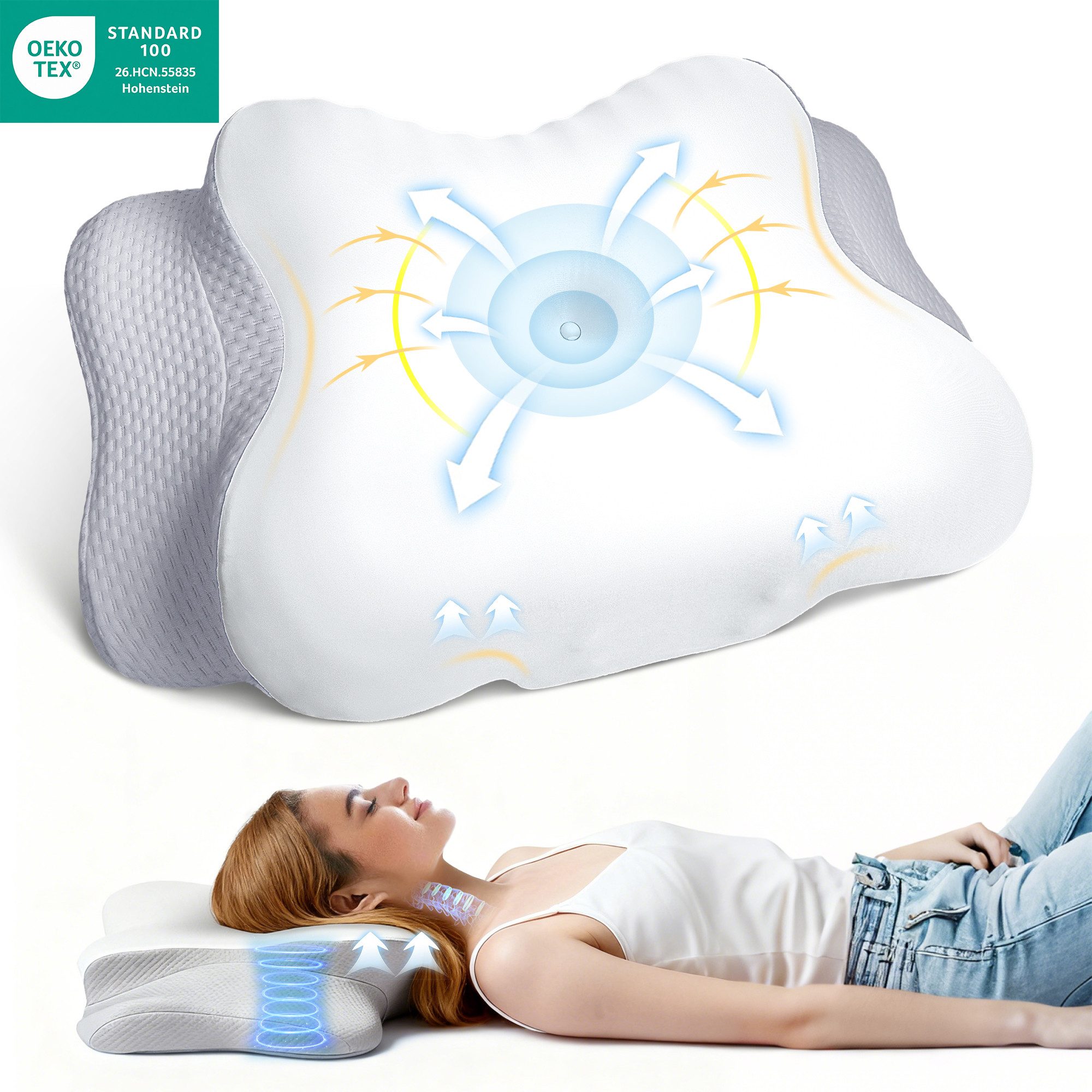 ANYSUN Nackenstützkissen Memory Foam Kissen, Orthopädisches Kopfkissen mit abnehmbarem Bezug, Füllung: 100% Polyurethan, Bezug: 87 % Polyamid, 13 % Elasthan, Seitenschläfer, Bauchschläfer, Rückenschläfer, OEKO-TEX® STANDARD 100 zertifiziert, 2 Höhen 9/14 cm Ergonomisches Kissen für alle Schlaftypen