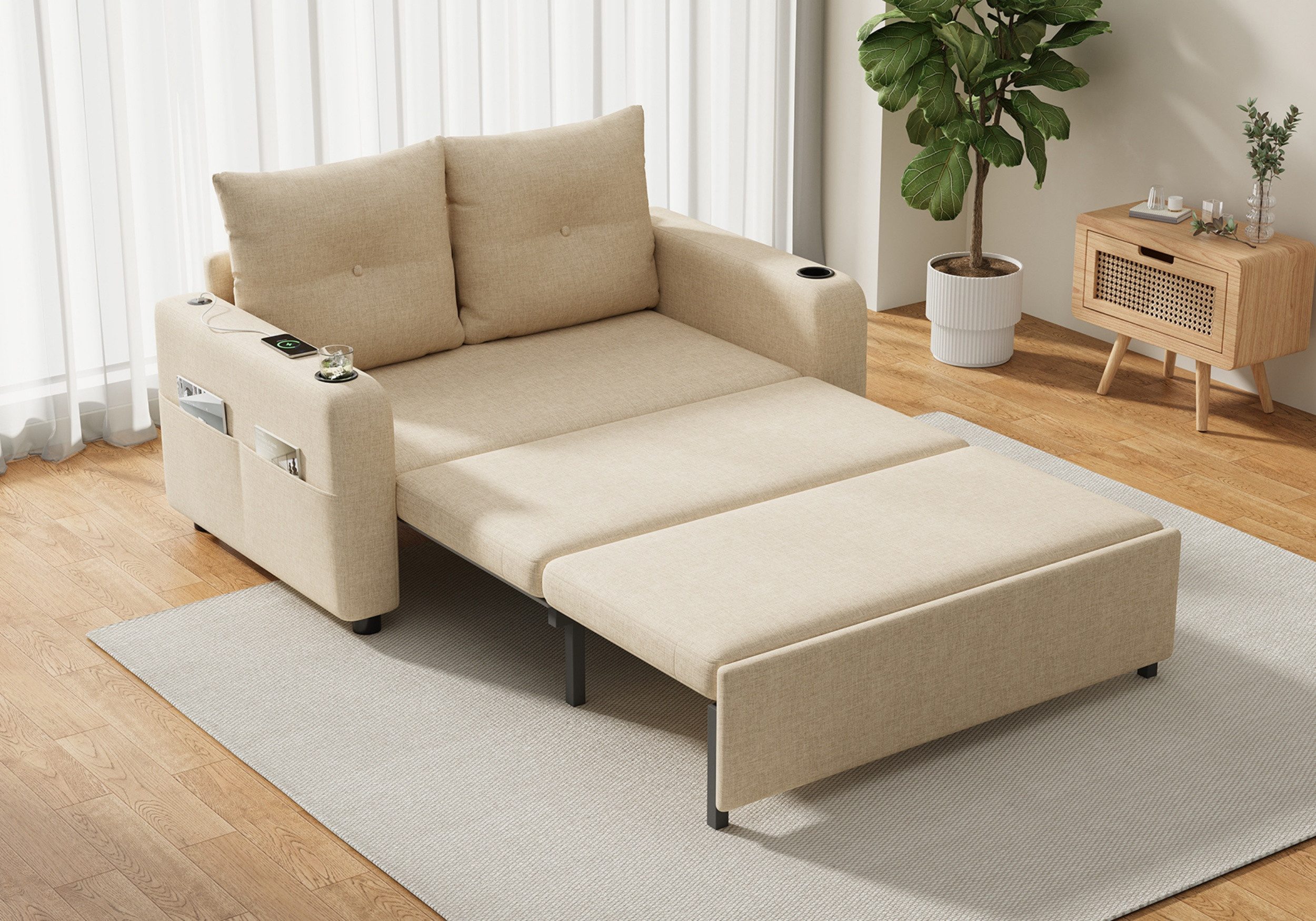autolock Schlafsofa 3-in-1 Schlafsofa, 2-Sitzer mit Ausziehfunktion, Getränkehaltern, multifunktionales Sofa mit USB- & Type-C-Anschluss, Leinenstoff
