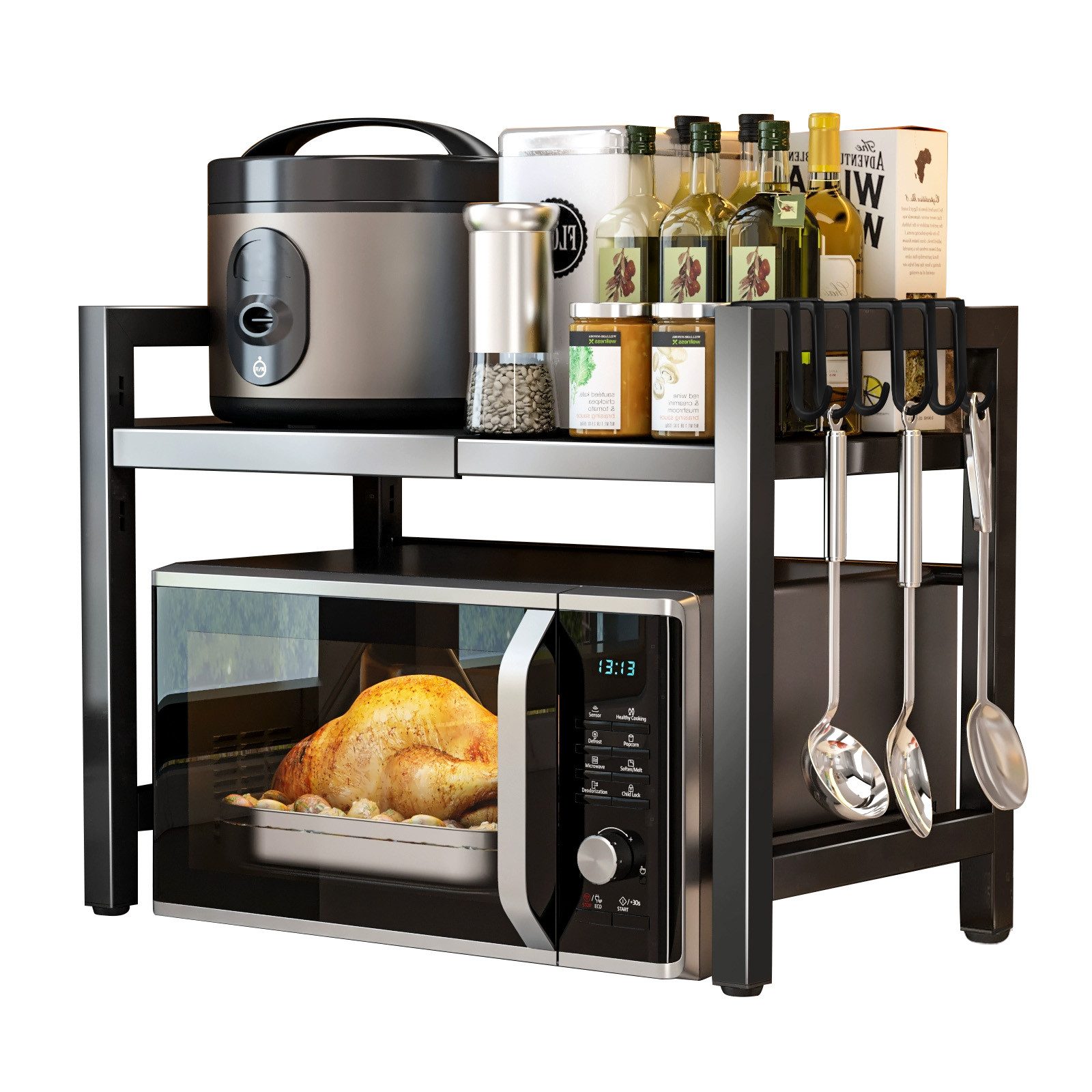 Standregal Verstellbares Mikrowellenregal 40–60 cm, mit 6 Haken,Ablageregal Küche