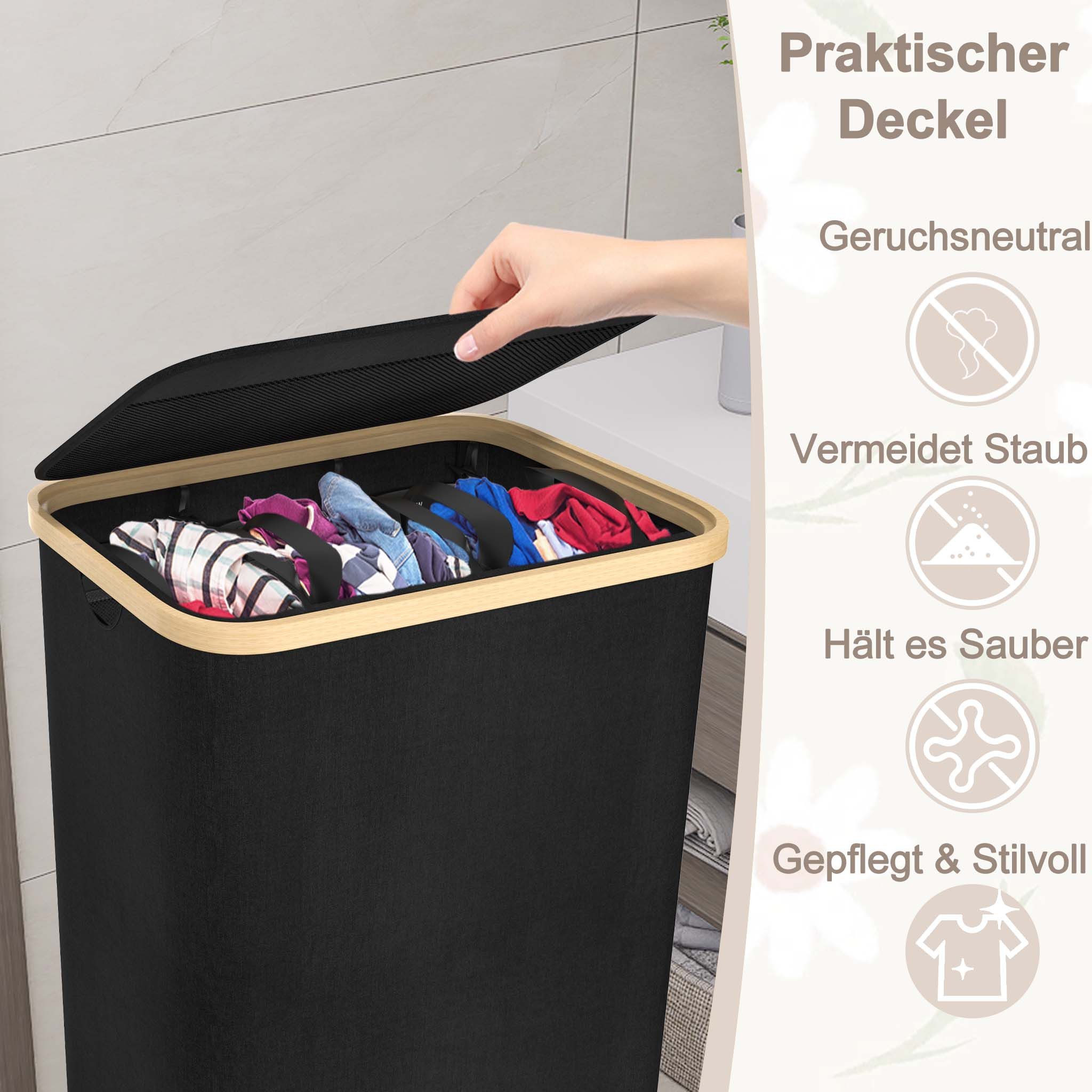 FIVMEN Wäschekorb 140L mit Deckel zur einfachen Trennung, Faltbar Wäschesammler 3 Fächer (Set, Wäschesortierer Wäschesack Wäscheboxen) – Bild 3 von 5