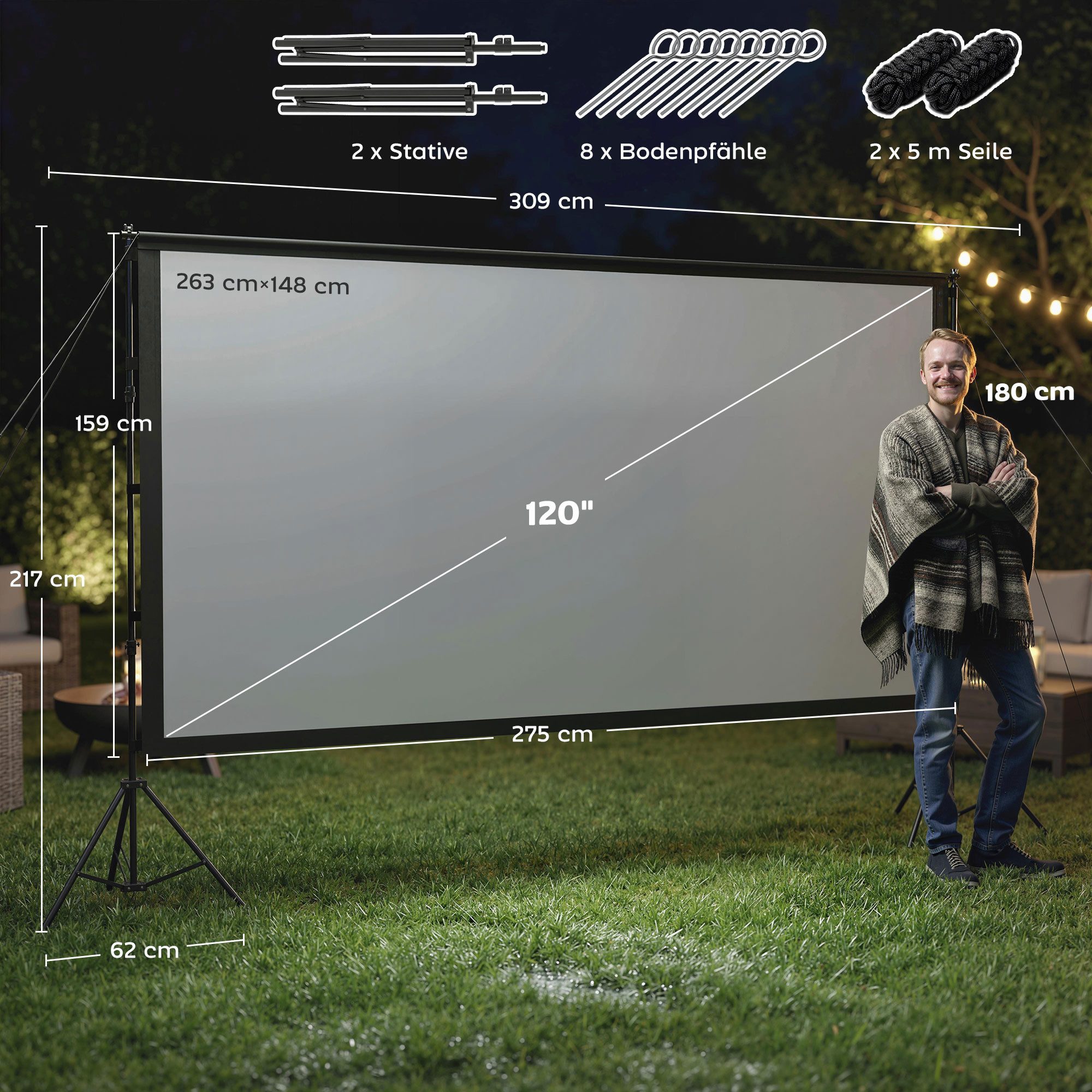 HOMCOM Leinwand Beamer 100" Projektionsleinwand tragbar doppelseitig Heimkino, 4K,8K-fähig, 160° Betrachtungswinkel, Dual-Stativ, faltbar, waschbar