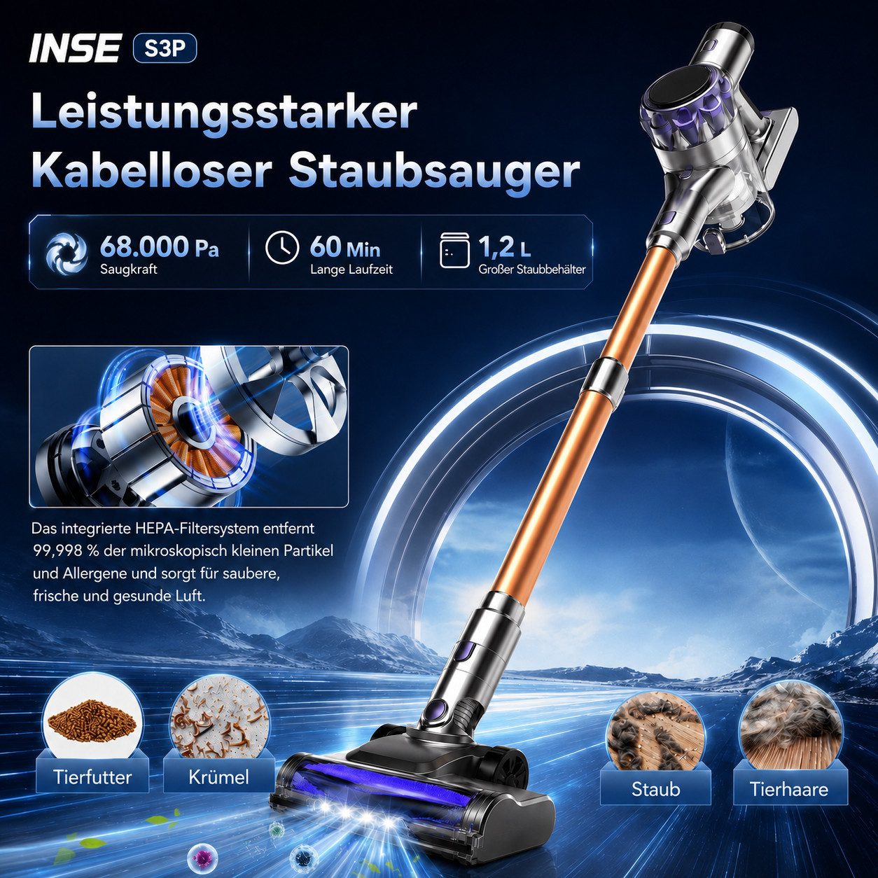 INSE Akku-Hand-und Stielstaubsauger Akku Staubsauger Kabellos 68Kpa 55min Laufzeit, 65dB,für Tierhaare, Kabelloser Handstaubsauger für Trockenbetrieb, 6-fach Hochleistungsfilter, Zubehör inklusive, Handstaubsauger