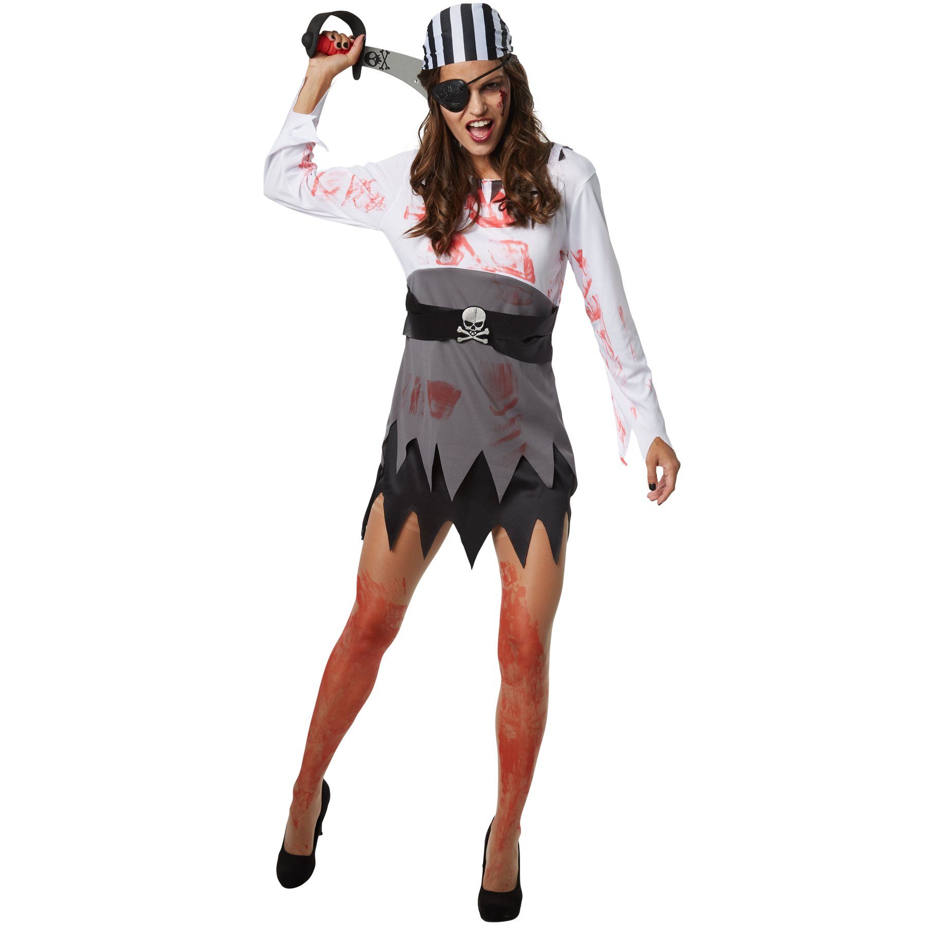 dressforfun Kostüm Freibeuterin/Piratin, Gr. XL, Doppellagiger Rock mit Kniestrümpfen, in schwarz/weiß, Angenähter Taillengürtel mit Totenkopf-Emblem