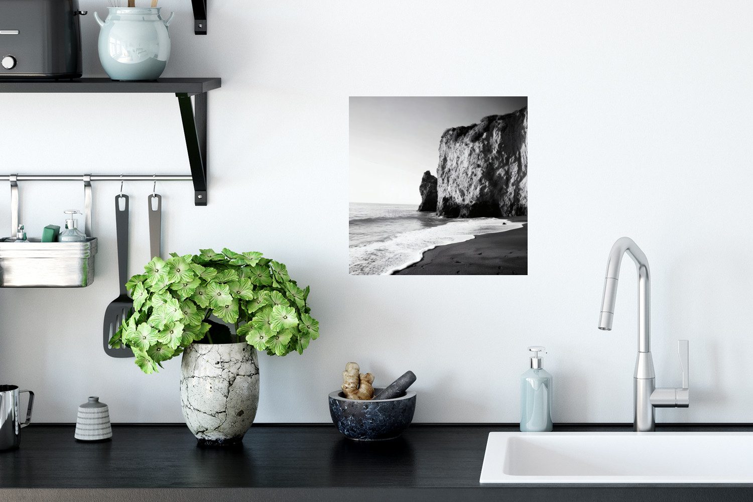 MuchoWow Wandsticker Strand - Klippe - Wellen - Fußstapfen (1 St), Wandaufkleber, Selbstklebend, Wohnzimmer, 30x30 cm