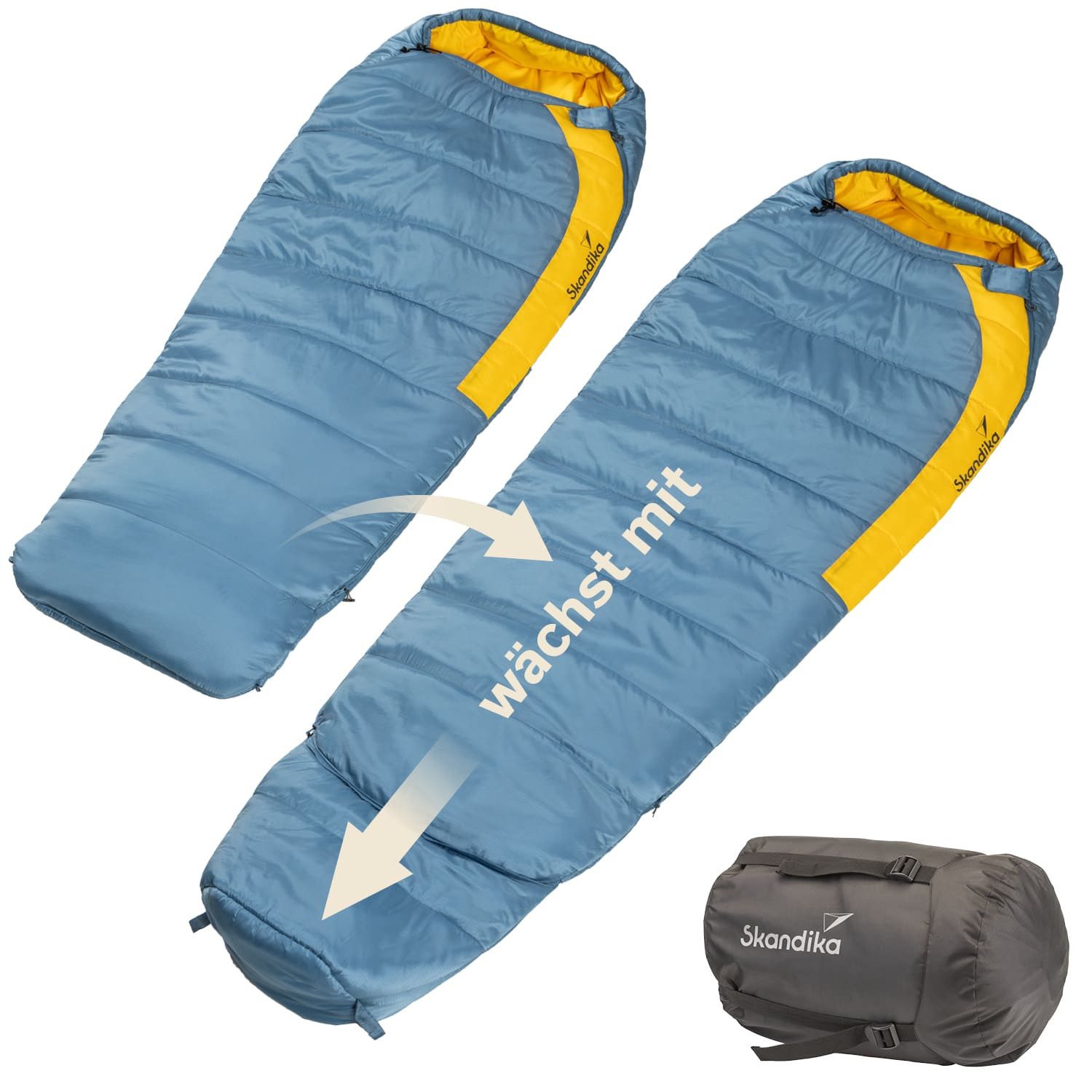 Skandika Mumienschlafsack Gjora Junior, Camping Schlafsack, kompakt, mitwachsend, Outdoor (2-Wege-Reißverschluss mit Skandika-Zughilfen), Indoor, Nylon-Ripstop, Packsack, wasserabweisend, 3-4 Jahreszeiten