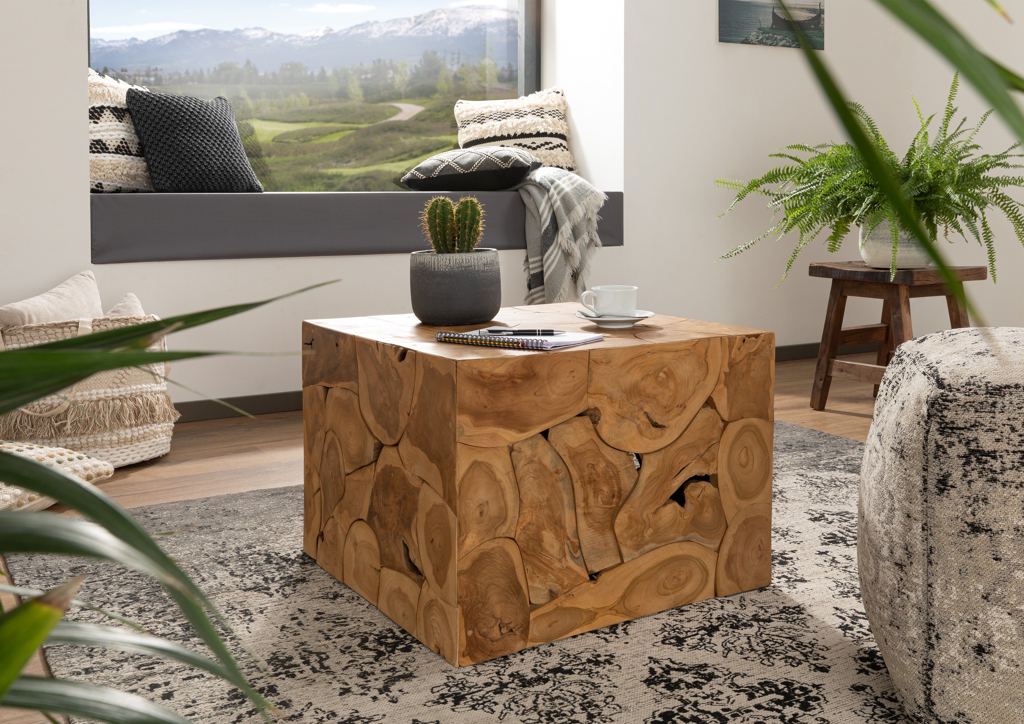 Massivmoebel24 Couchtisch UNIKA (60x60x45 Teak montiert)