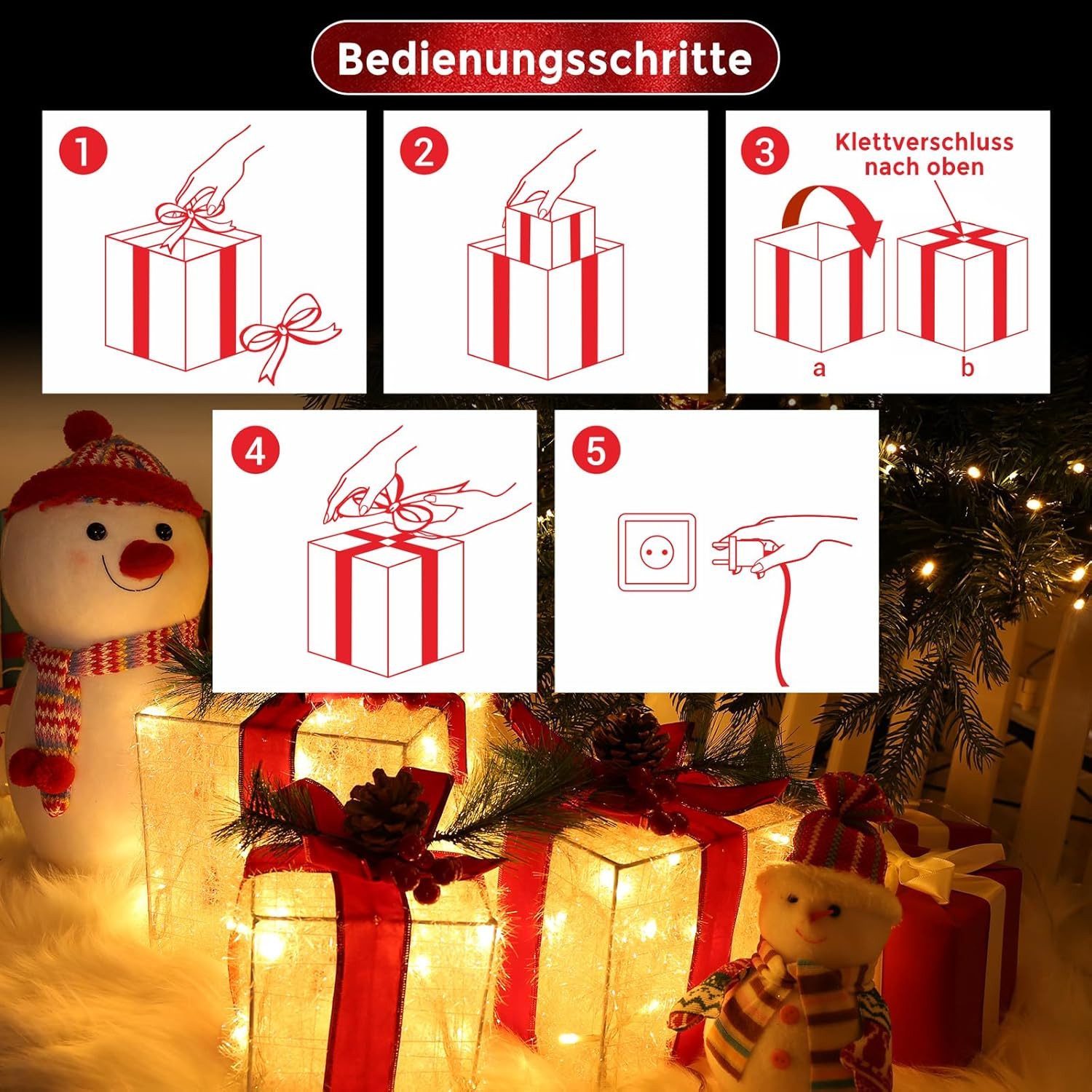 Quntis Weihnachtsfigur 3er Set LED Geschenkbox Weihnachten, Weihnachtsdeko mit Stecker, Timer (3 St), 60 warmweiße LEDs, Weihnachtsbeleuchtung für Baum, Fenster – Bild 5 von 5