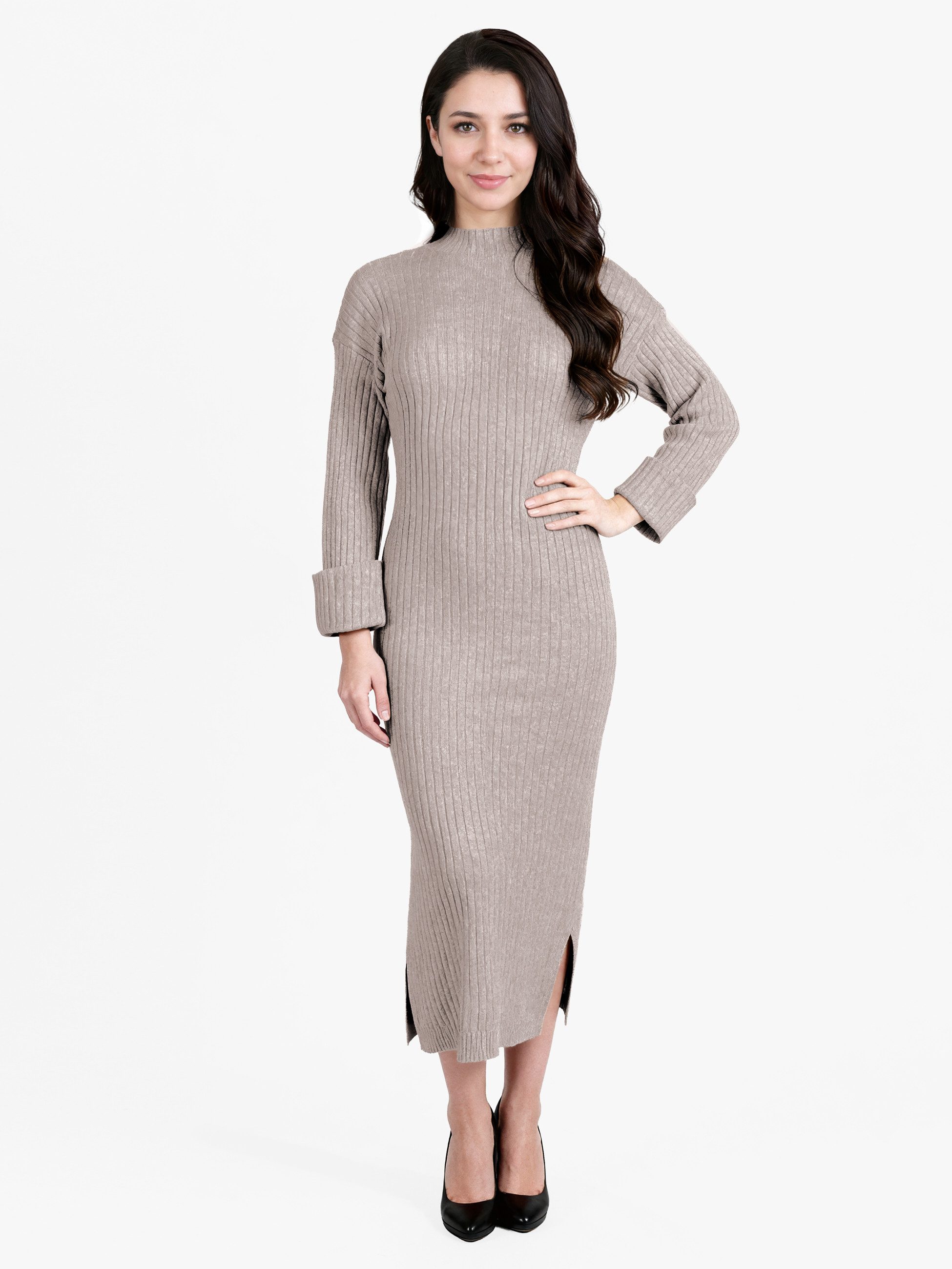 PEKIVESSA Strickkleid Maxikleid mit seitlichem Schlitz weicher Rippstrick figurbetonend geschnitten