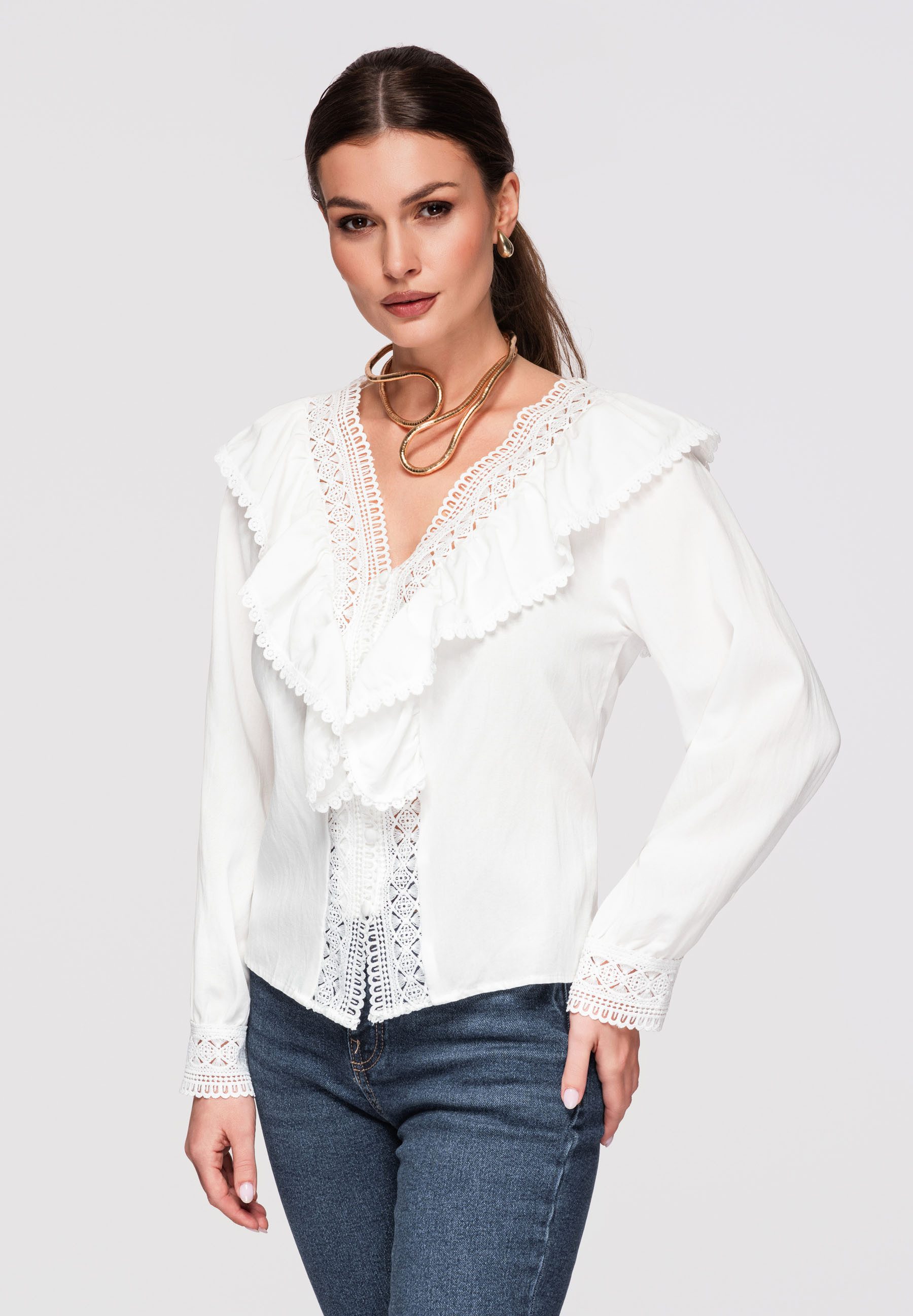 OMBRE Hemdbluse Damen Bluse mit Spitze und Volant Elegant Weiß M (kein Set, 1-tlg) Koronkowy detale, Falbana