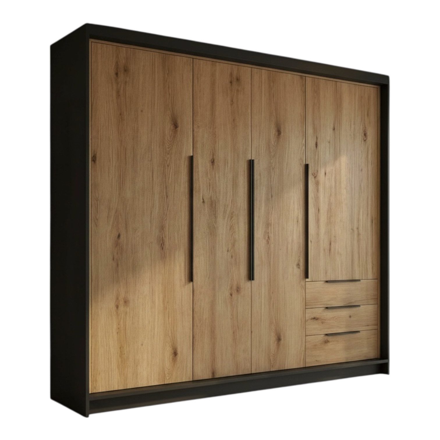 A&J MöbelLand GmbH Drehtürenschrank vier¬türiger Kleiderschrank mit Schubladen und Metallgriffen. (Geräumiger vier¬türiger Kleiderschrank mit Schubladen und Metallgriffen. Geräumiger Schrank mit einer Breite von 200 cm und Schubladen, ideal zur Aufbewahrung von Kleidung und Accessoires. Viel Stauraum. TOP PRODUKT! Wählen Sie das ideale Modell für Ihr Schlafzimmer!, TOP ANGEBOT) Breite: 200 cm, Höhe: 215 cm, Tiefe: 59,5 cm