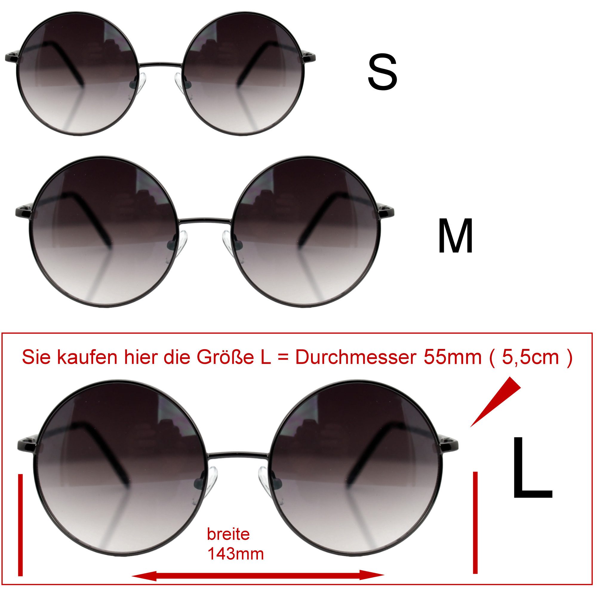 Rennec Sonnenbrille (Große Nickelbrille Hippie Style mit Brillenbeutel) Runde Brille mit verlaufsgetönte Gläsern