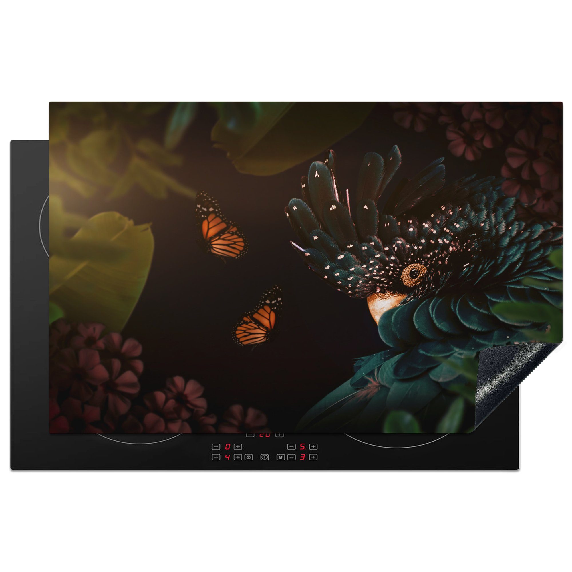 MuchoWow Herdblende-/Abdeckplatte Dschungel - Vogel - Schmetterling - Blumen, Vinyl, (1 tlg), 81x52 cm, Induktionskochfeld Schutz für die küche, Ceranfeldabdeckung