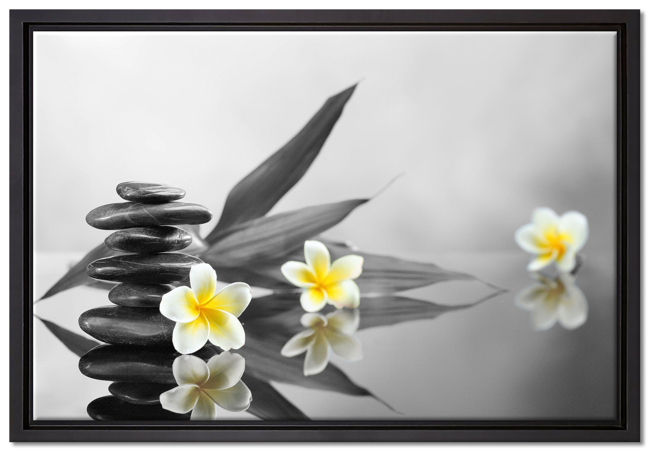 Pixxprint Leinwandbild Monoi Blüten Zen Steinturm, Wanddekoration (1 St), Leinwandbild fertig bespannt, in einem Schattenfugen-Bilderrahmen gefasst, inkl. Zackenaufhänger