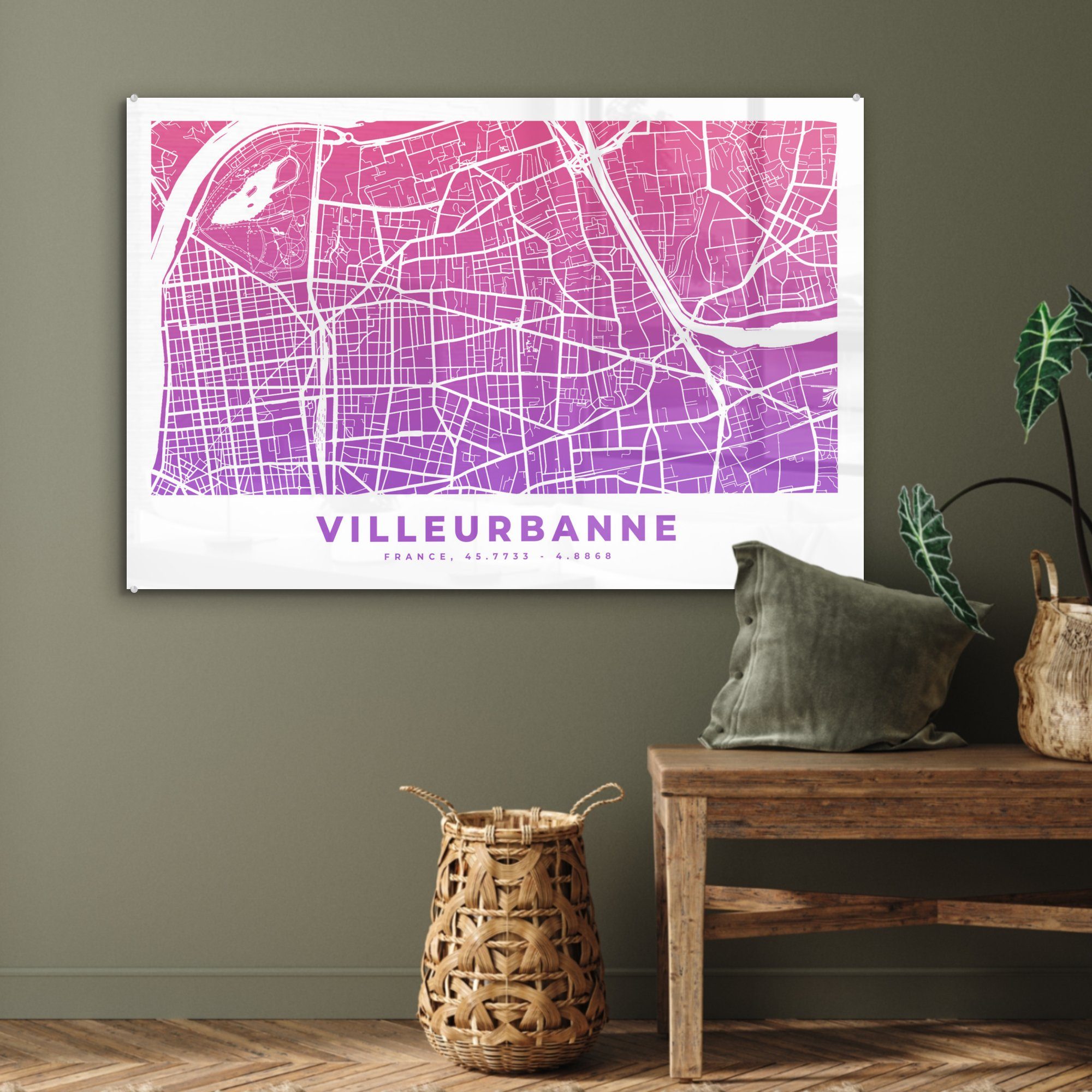 Villeurbanne, Acrylglasbilder St), Acrylglasbild Schlafzimmer (1 & Wohnzimmer Frankreich Stadtplan MuchoWow - -