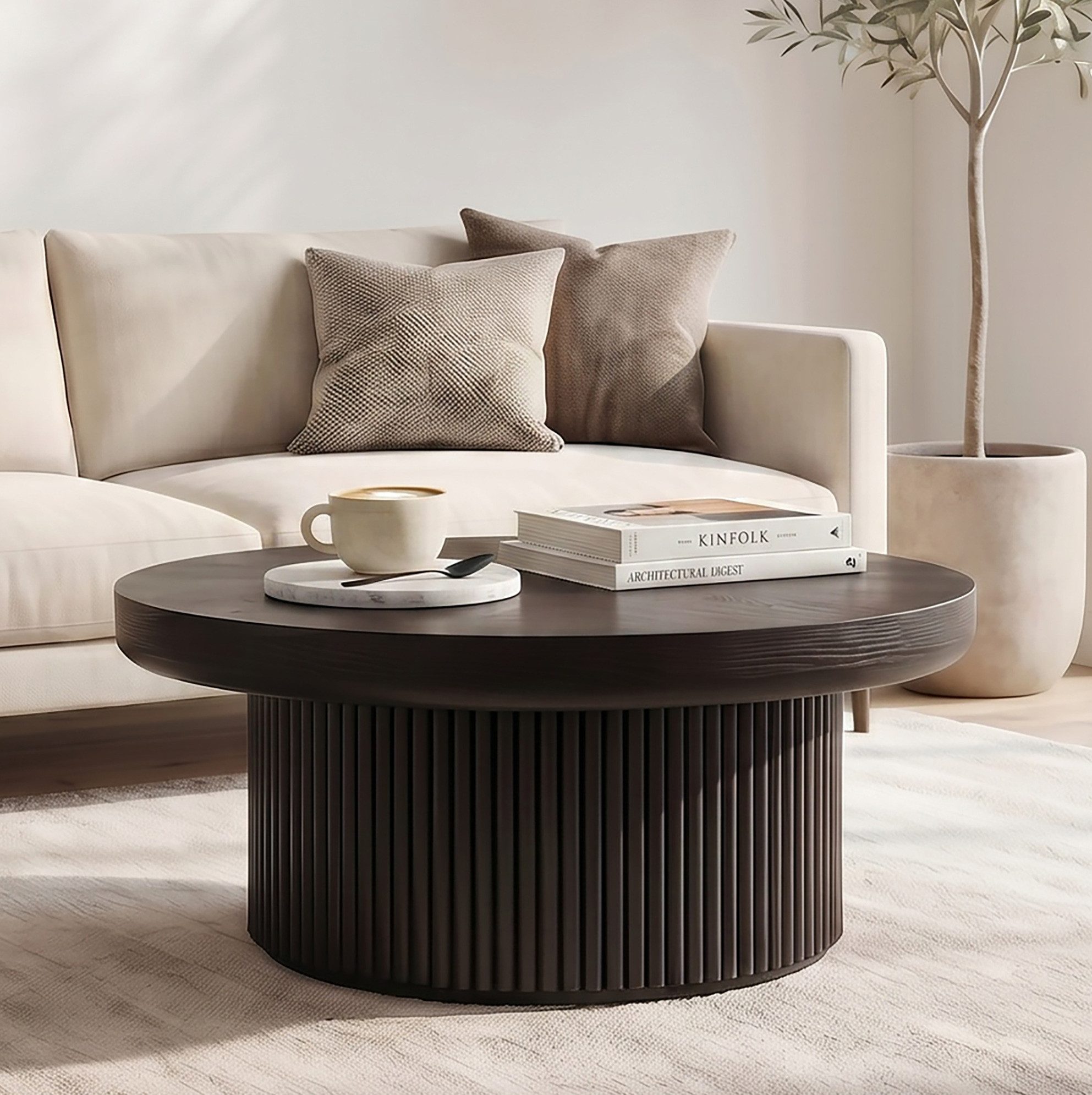 MODFU Couchtisch Ø78 cm Wohnzimmertisch rund Schwarz mit Holzoptik Oberfläche (Packung, 1-St., Kleiner Beistelltisch mit dicker Tischplatte für Wohnbereiche), Moderner Sofatisch mit Parquet Muster, Rillenstruktur & Zylinderfuß