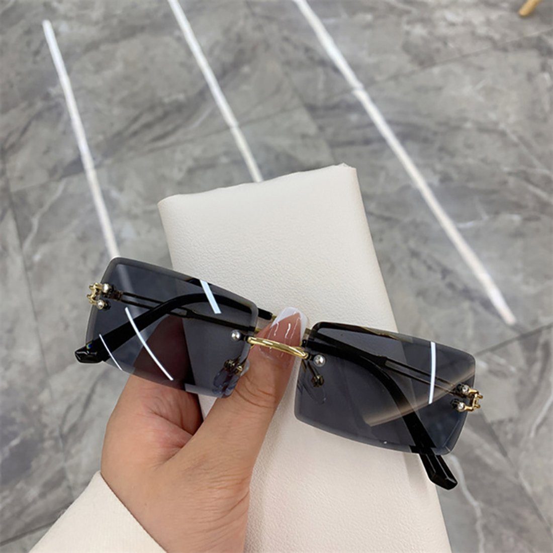 Haiaveng Sonnenbrille Durchsichtige grey für Randlose Damen Unisex Retro Sonnenbrille Ultra-Small Herren Linse Rechteckige Brille