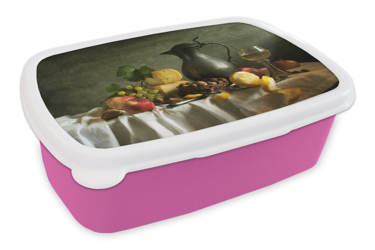 MuchoWow Lunchbox Rustikal - Käse - Teekanne - Obst - Stilleben, Kunststoff, (2-tlg), Brotbox für Erwachsene, Brotdose Kinder, Snackbox, Mädchen, Kunststoff rosa