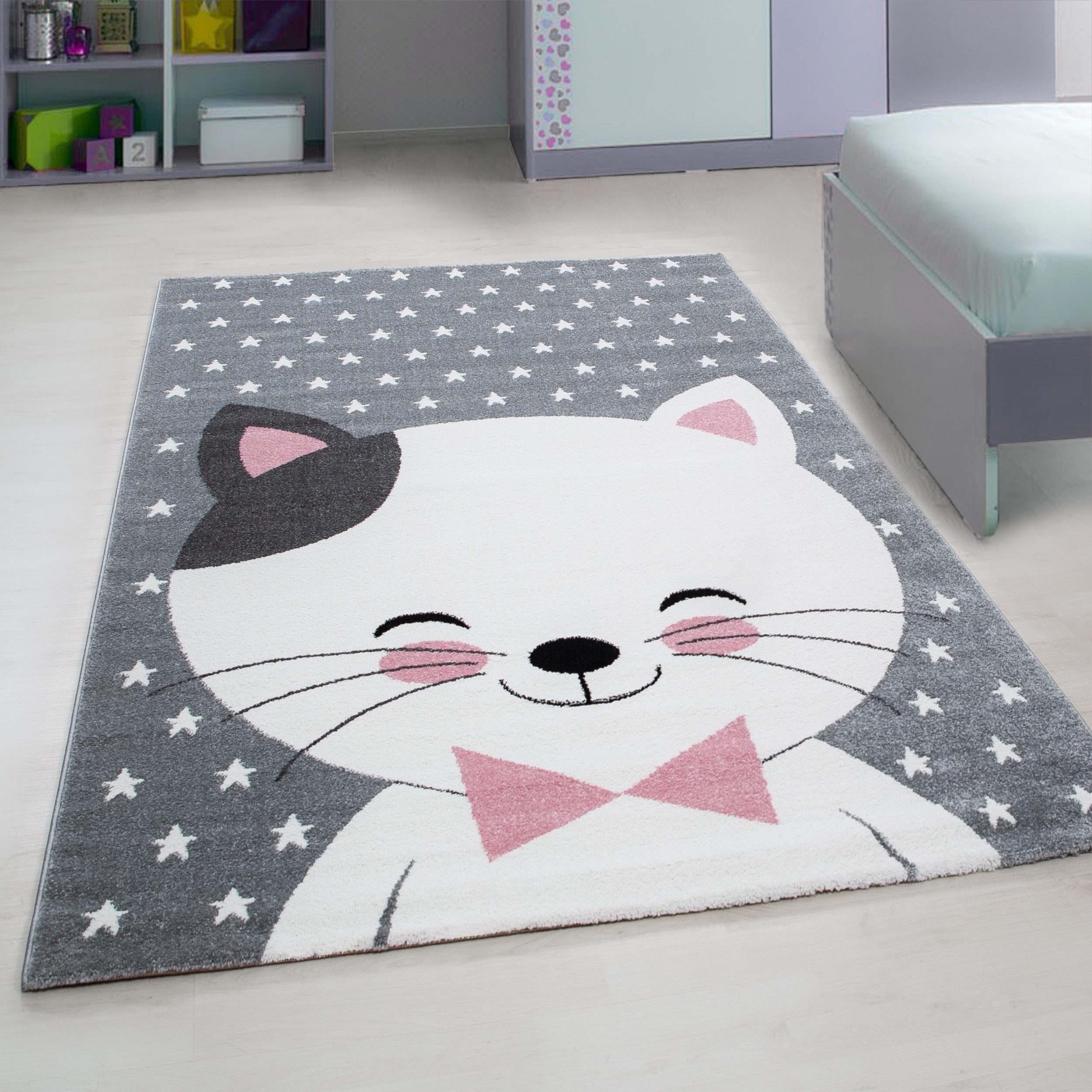KADIMA DESIGN Kinderteppich TASNA Spielteppich Kinderzimmer Waschbar Strapazierfähig, Rechteckig, Höhe: 13 mm, 120x170 cm, Fußbodenheizung Kurzflorteppich Katze Waschbar